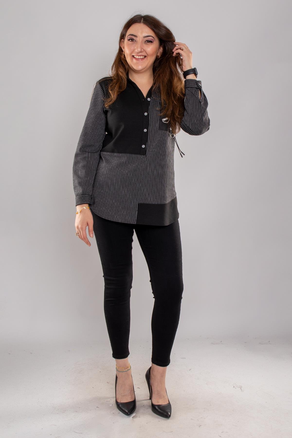 2255 Büyük Beden Cep Detay Parçalı Düğmeli Çzigili Viscon Bluz