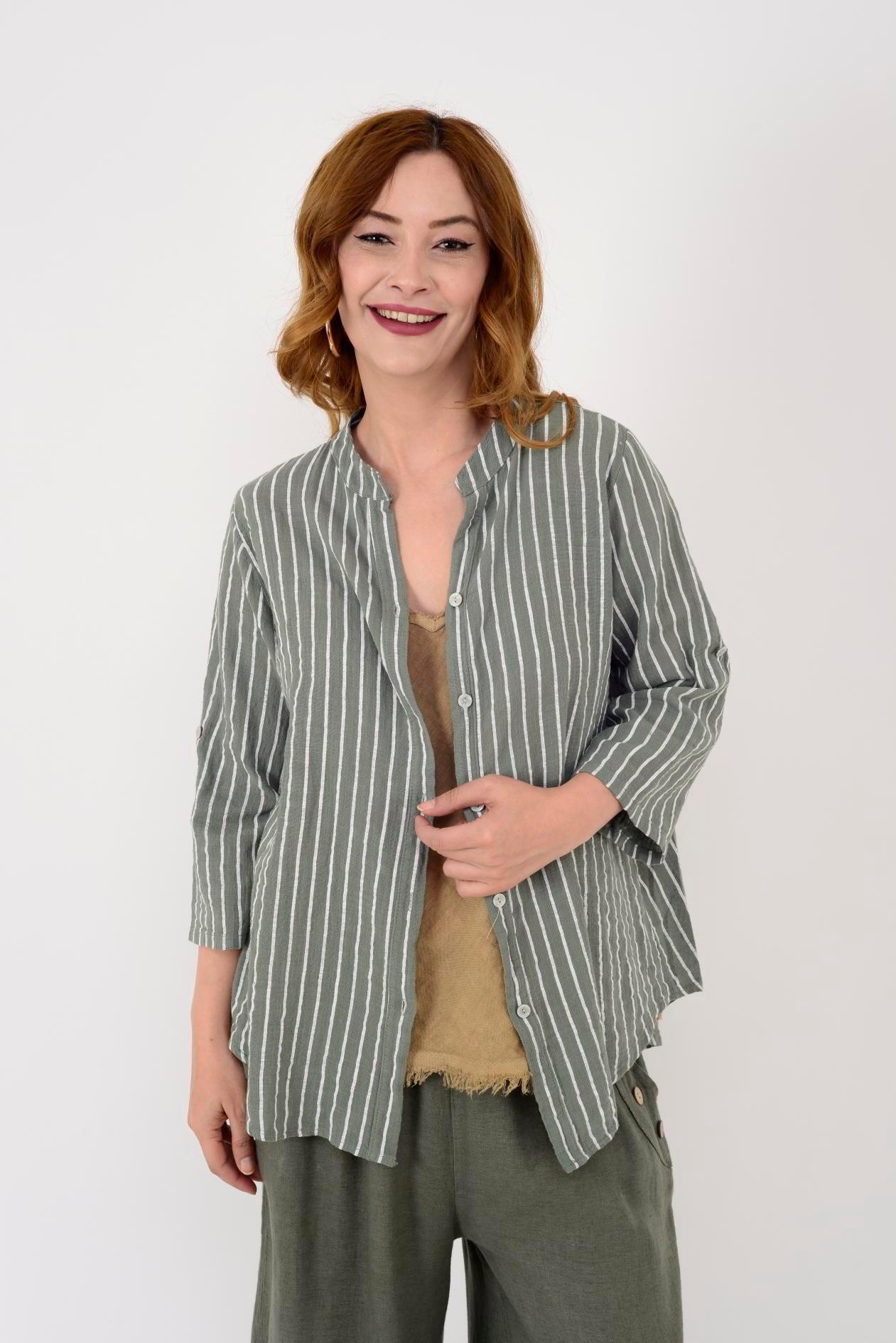 23003 Çizgili Yakasız Keten Gömlek