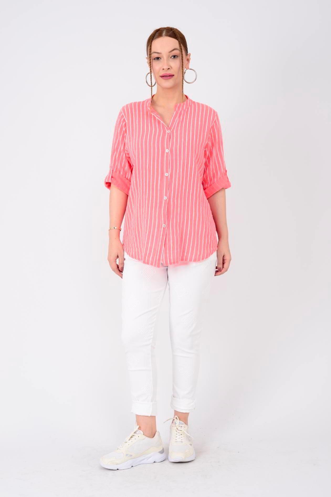 23003 Çizgili Yakasız Keten Gömlek