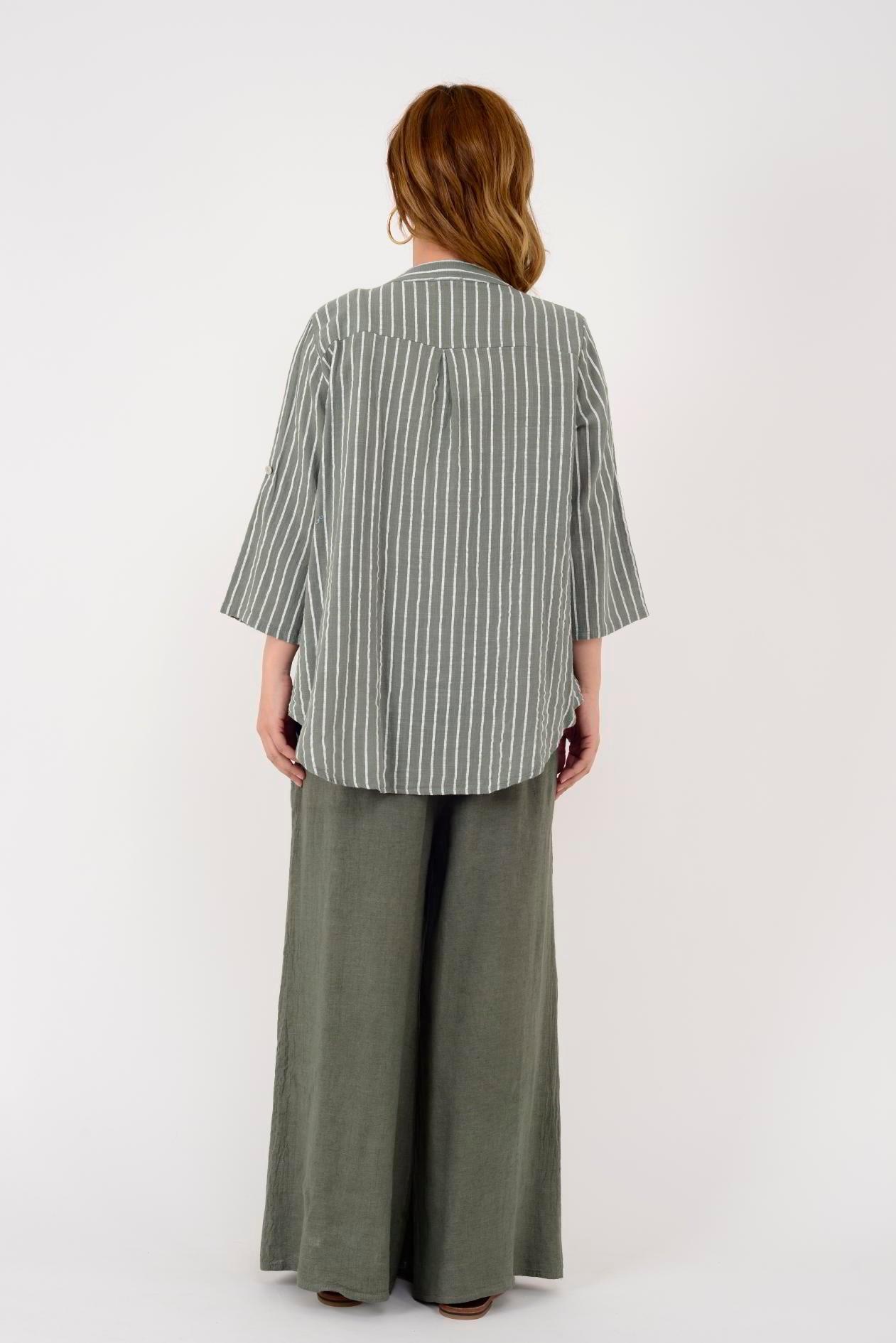 23003 Çizgili Yakasız Keten Gömlek