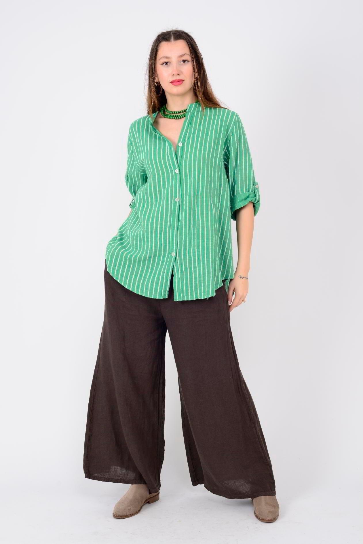 23003 Çizgili Yakasız Keten Gömlek