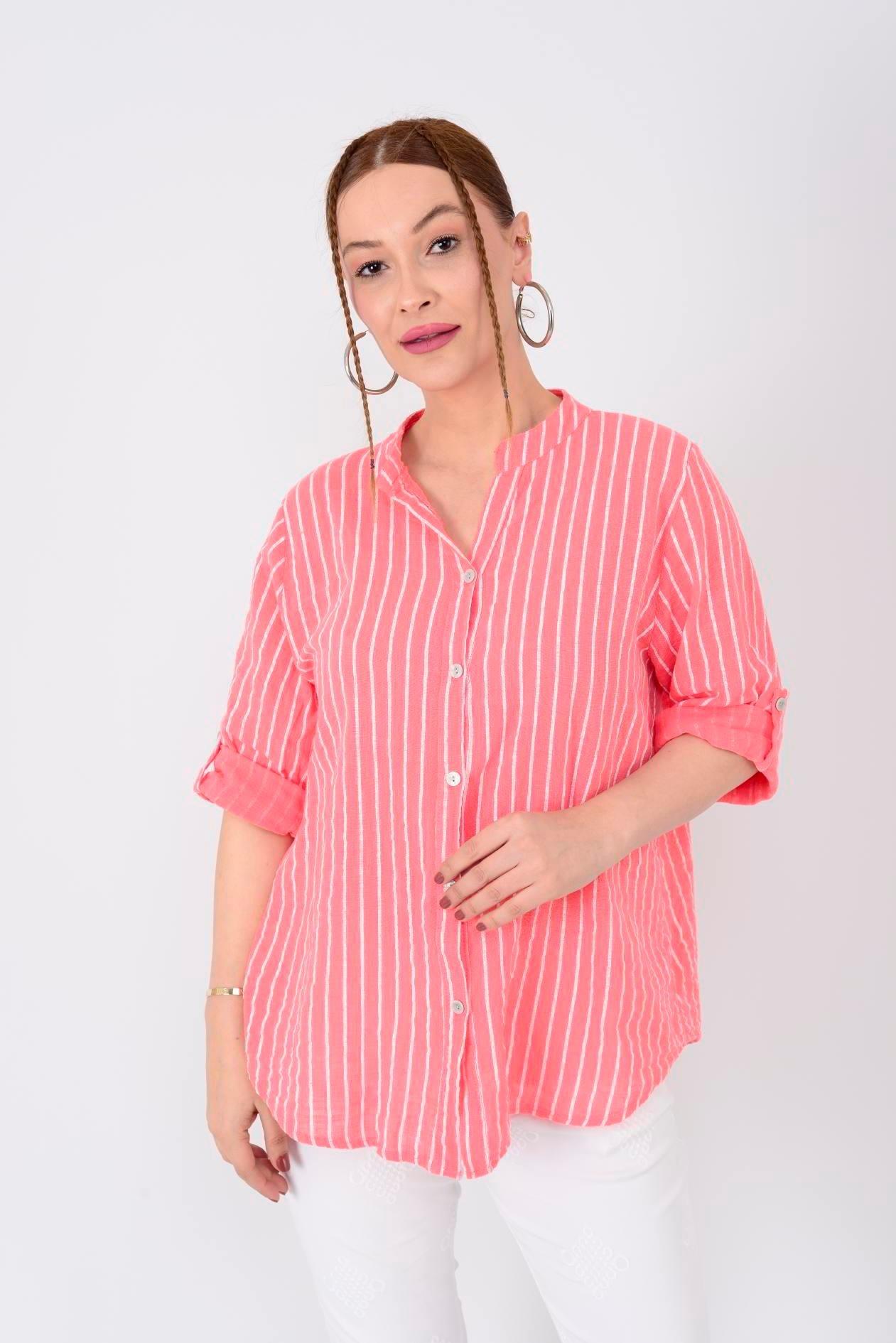 23003 Çizgili Yakasız Keten Gömlek