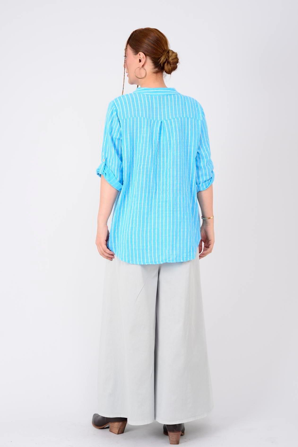 23003 Çizgili Yakasız Keten Gömlek