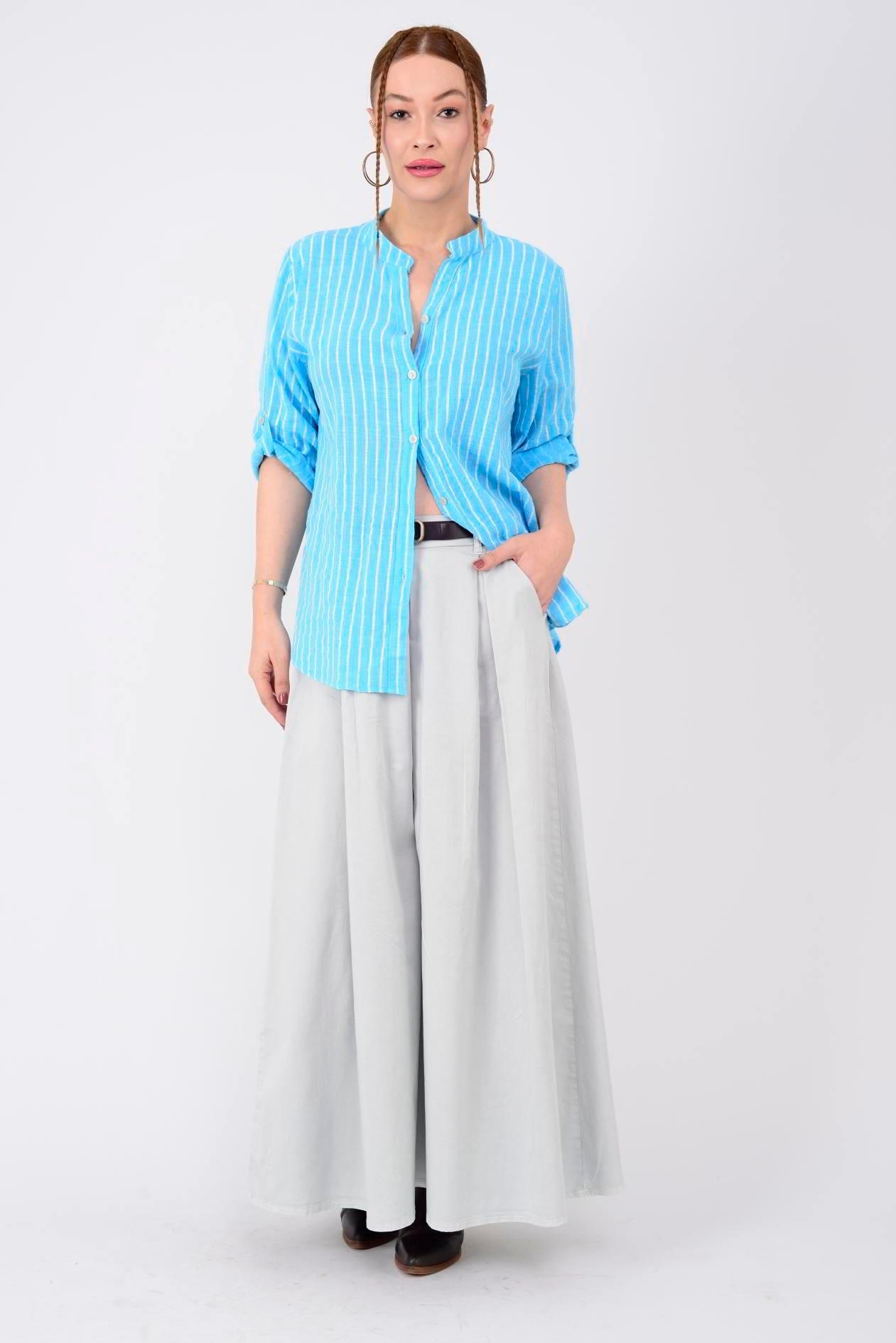 23003 Çizgili Yakasız Keten Gömlek