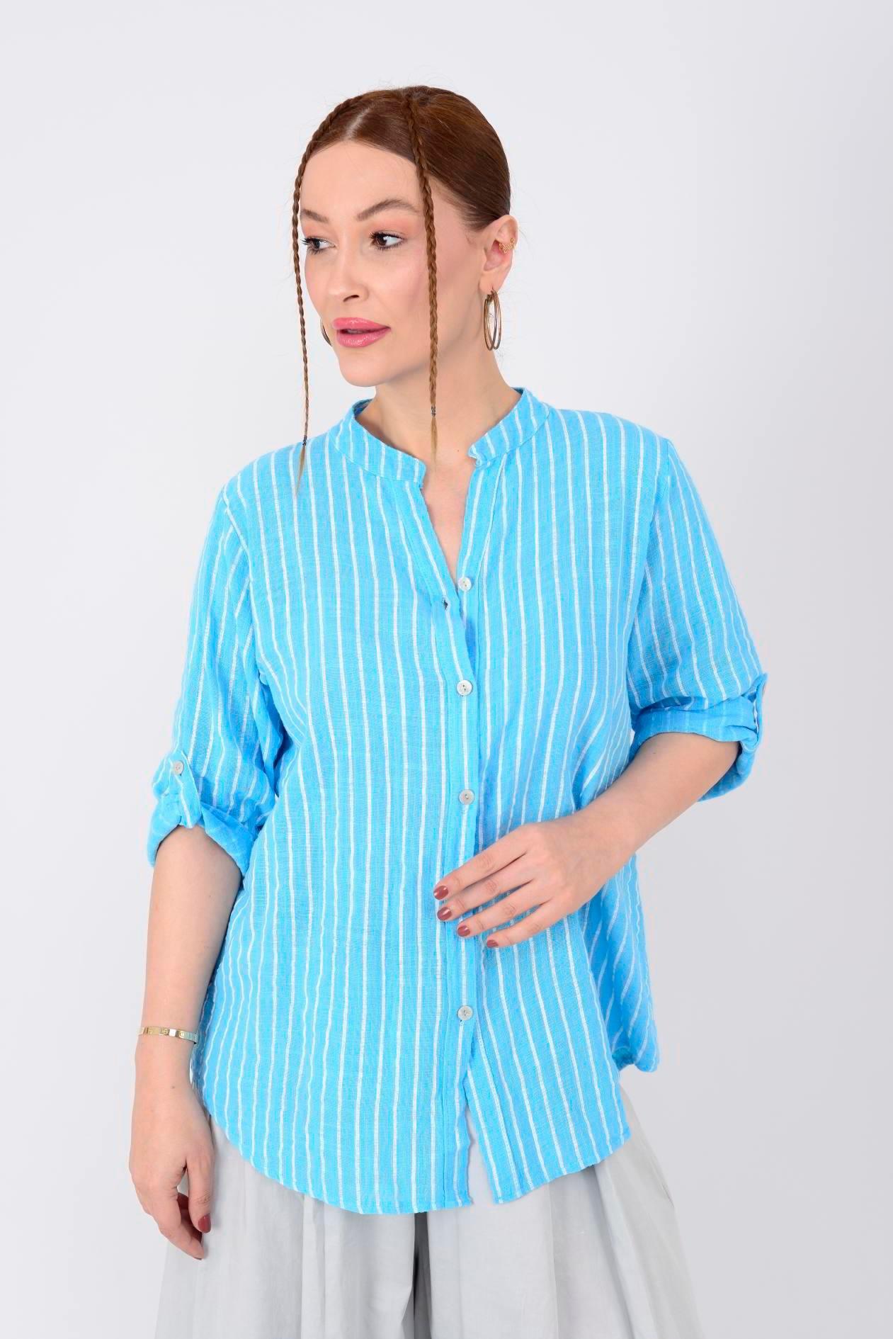 23003 Çizgili Yakasız Keten Gömlek