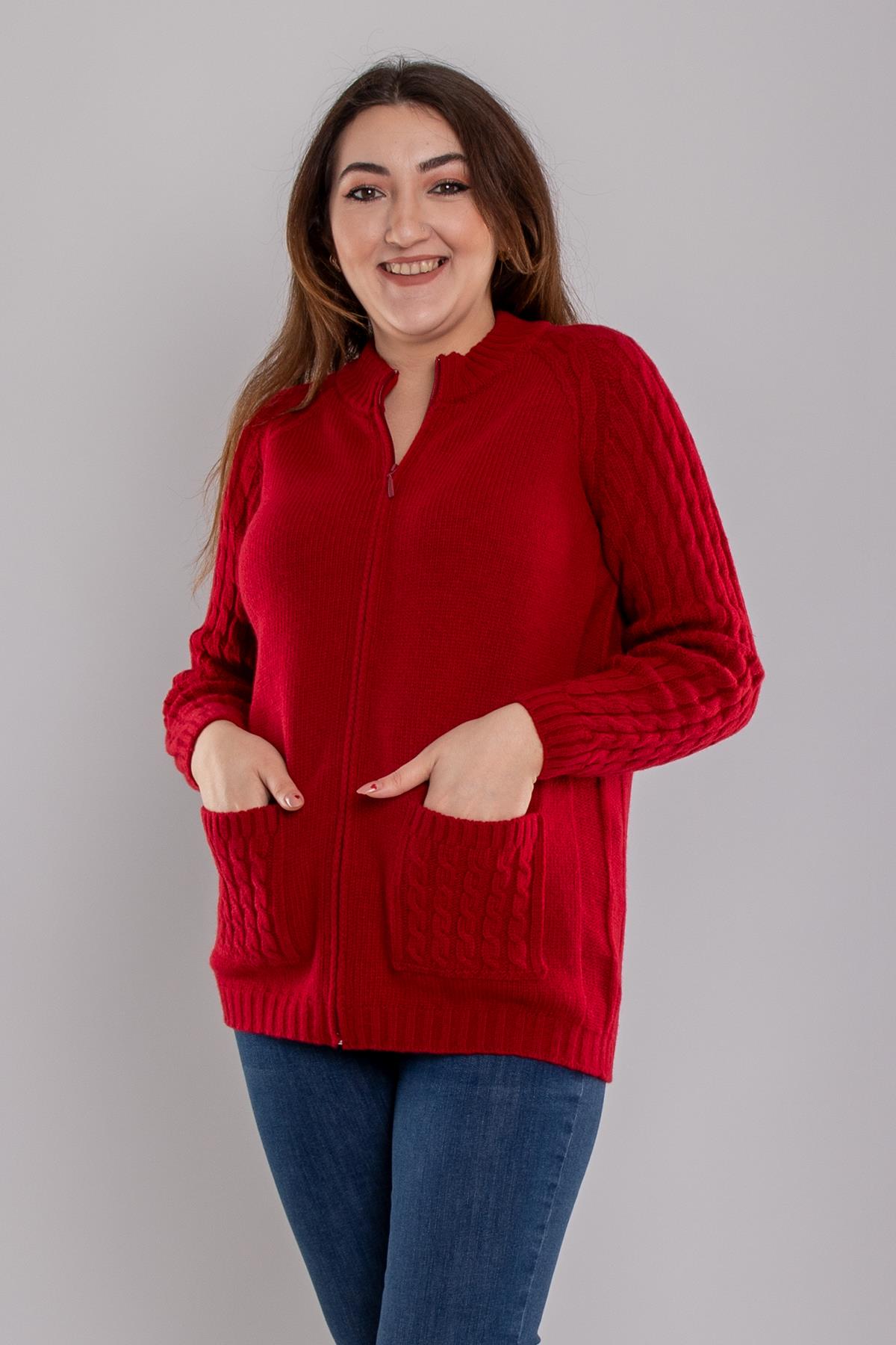 23203 Cebi Kolu Saç Örgülü Fermuarlı Triko Mont