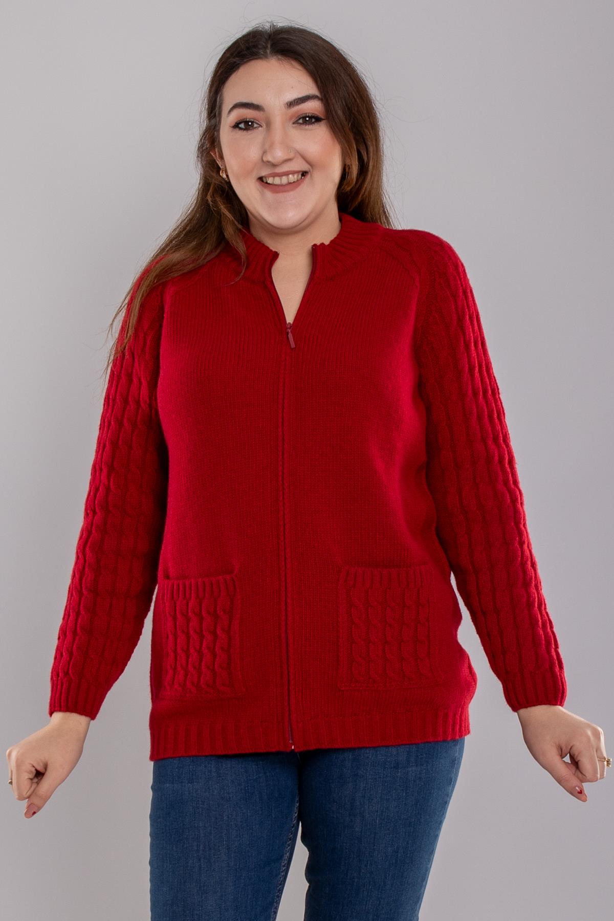 23203 Cebi Kolu Saç Örgülü Fermuarlı Triko Mont