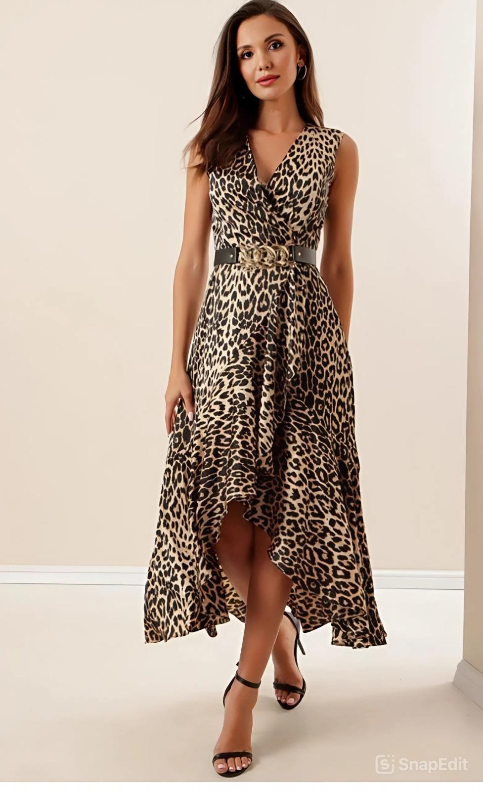 2347 Kruvaze Yaka Kemerli Kolsuz Fırfırlı Etek Saten Uzun Elbise