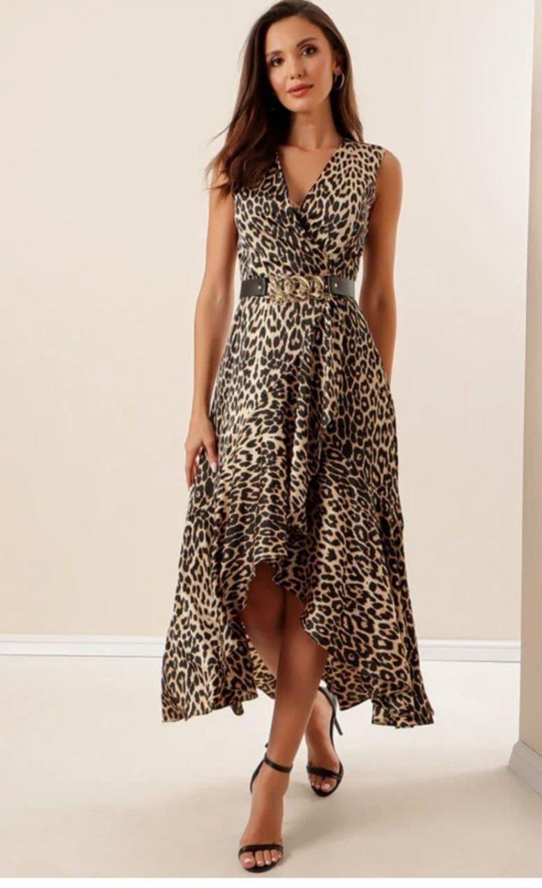 2347 Kruvaze Yaka Kemerli Kolsuz Fırfırlı Etek Saten Uzun Elbise