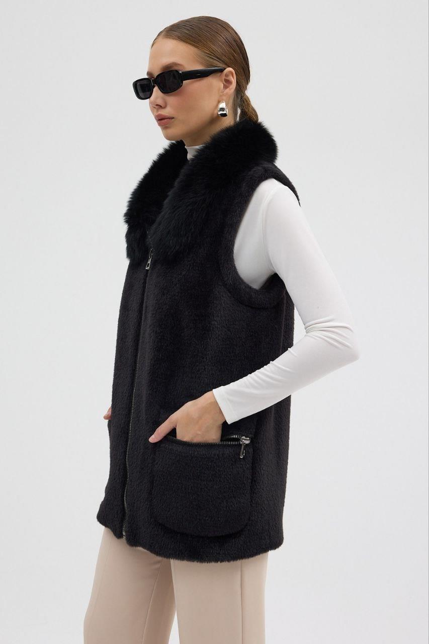 2389 Yaka Kürklü Fermuarlı Cepli Yumoş Yelek