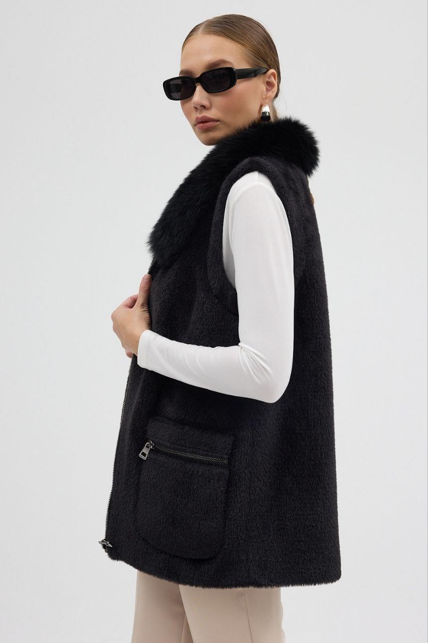 2389 Yaka Kürklü Fermuarlı Cepli Yumoş Yelek