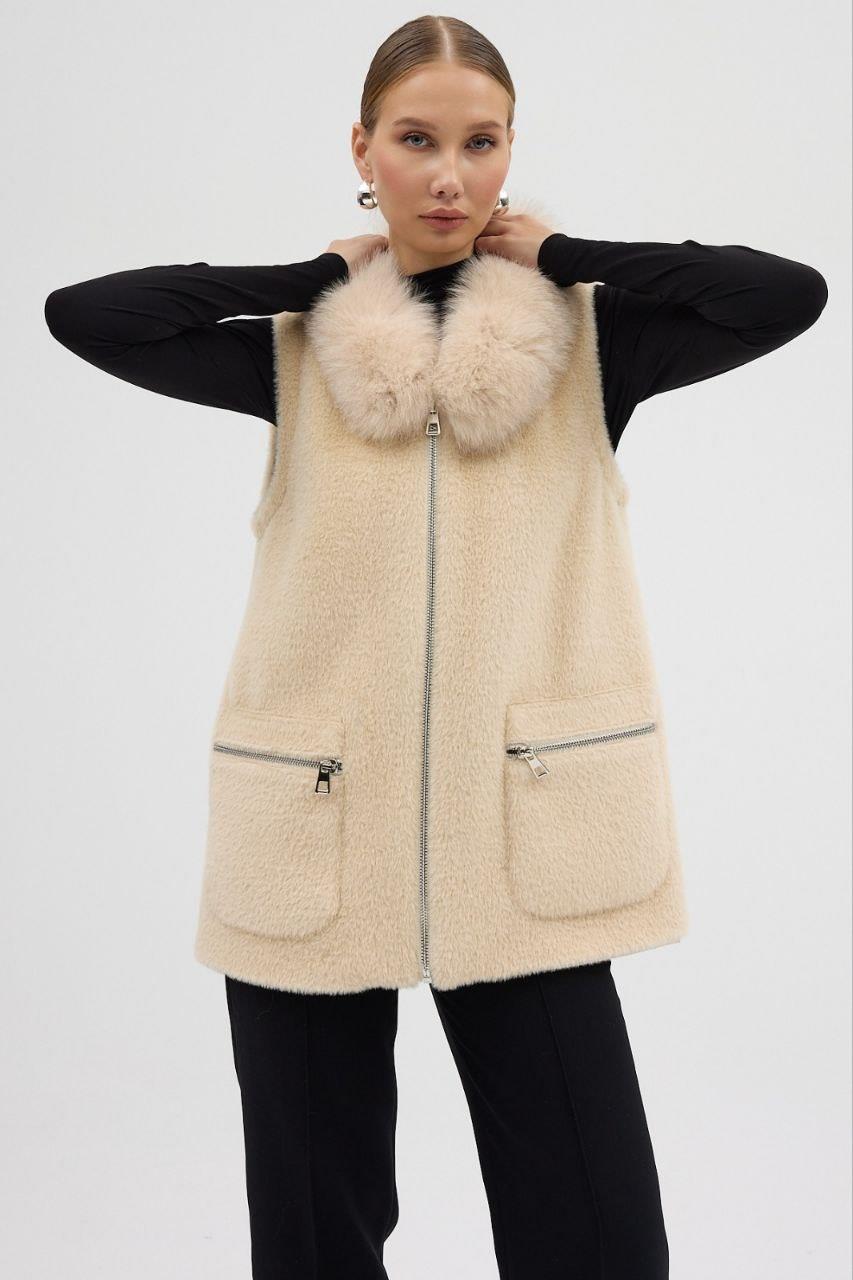 2389 Yaka Kürklü Fermuarlı Cepli Yumoş Yelek
