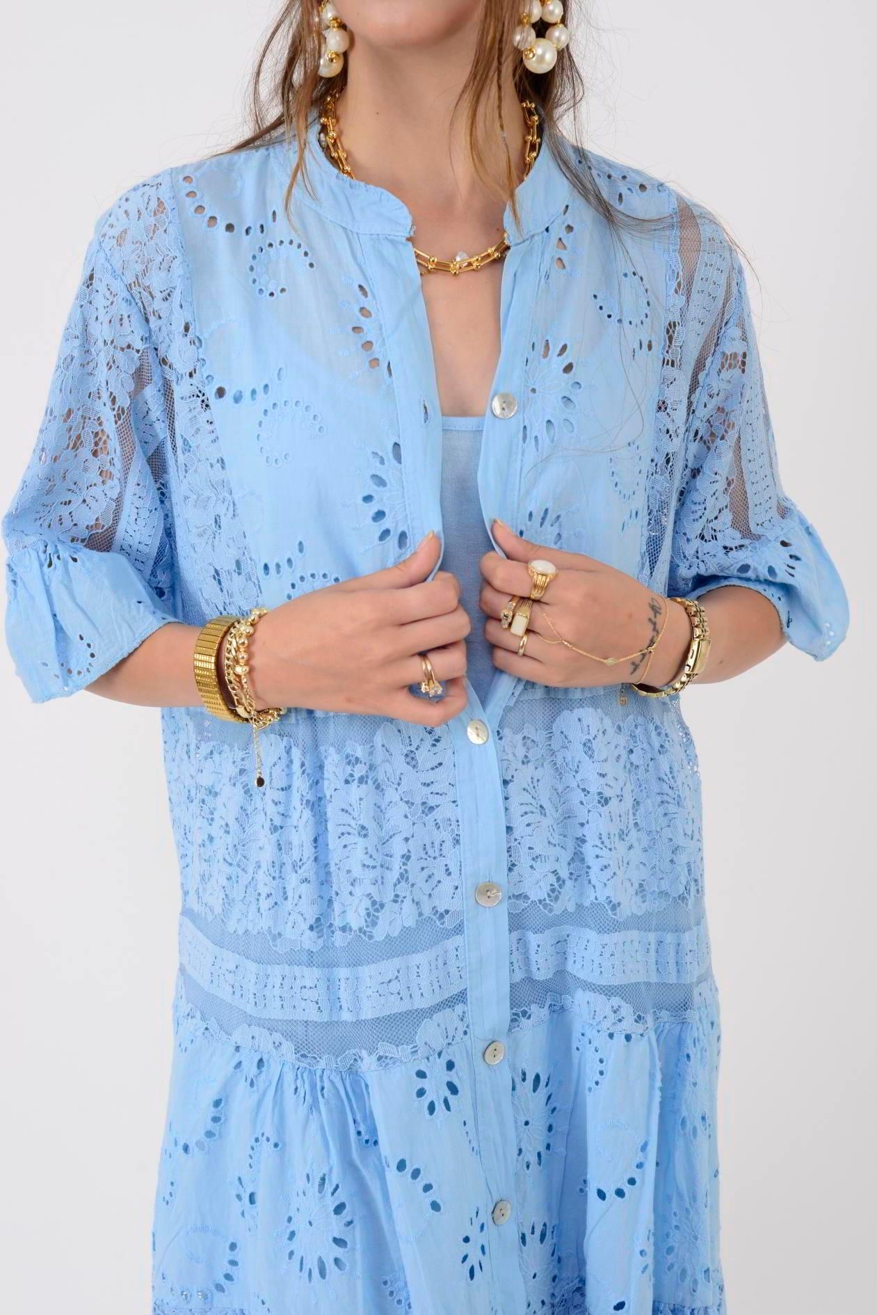 24029 Dantelli Kısa Kol Düğmeli Kısa Astarlı Elbise