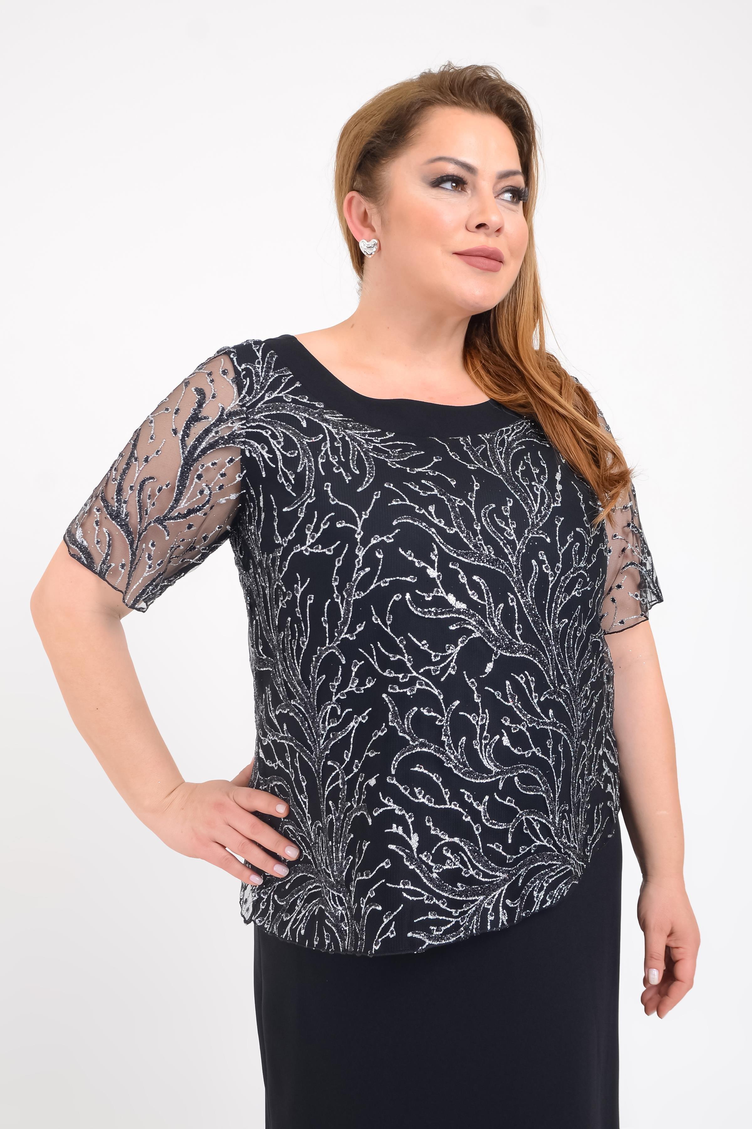 2421 Büyük Beden Oval Yaka Simli Bluz Detay Kısa Krep Elbise