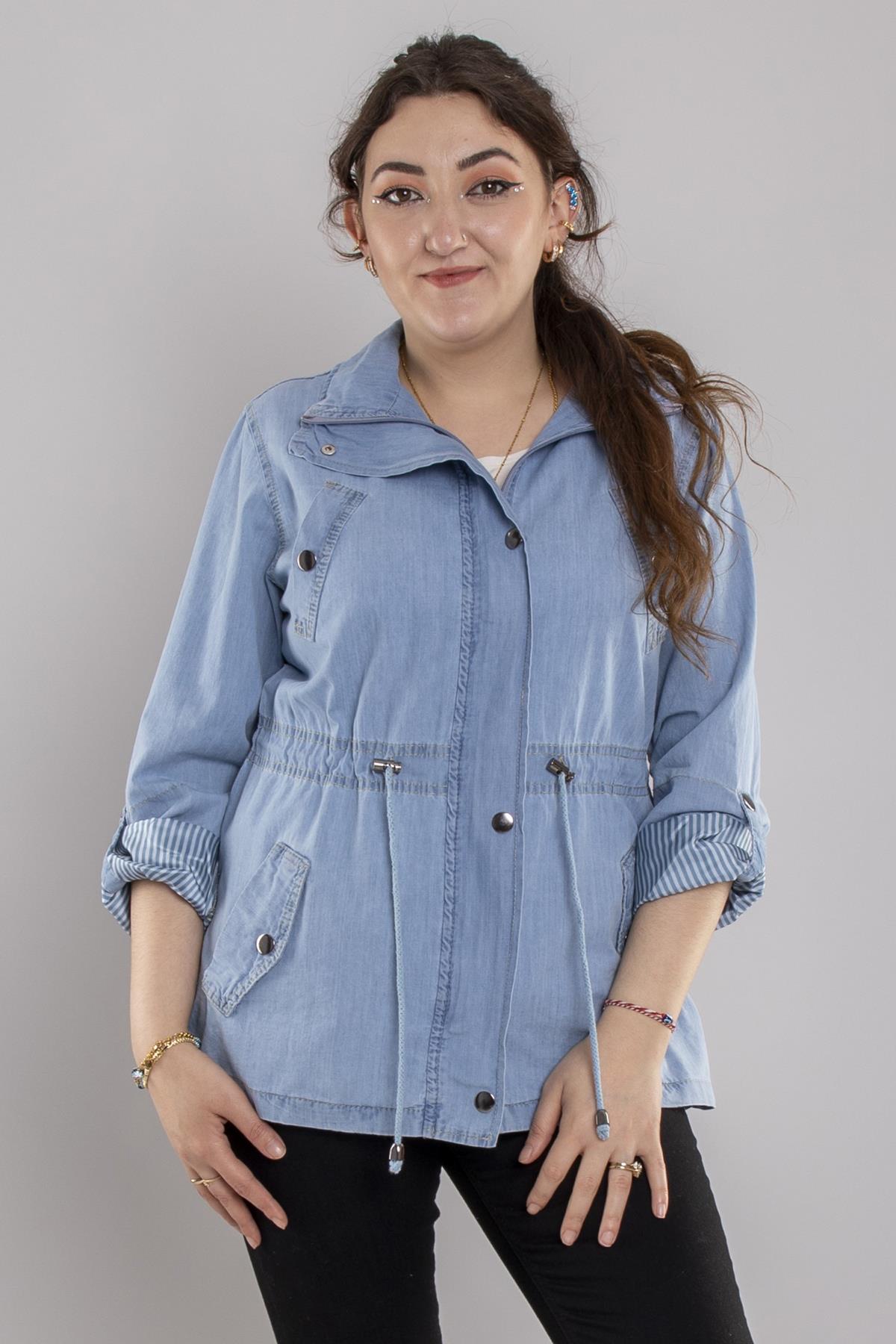 2434 Beli İpli Kol Katlama Pamuk Tencel Kadın Yağmurluk