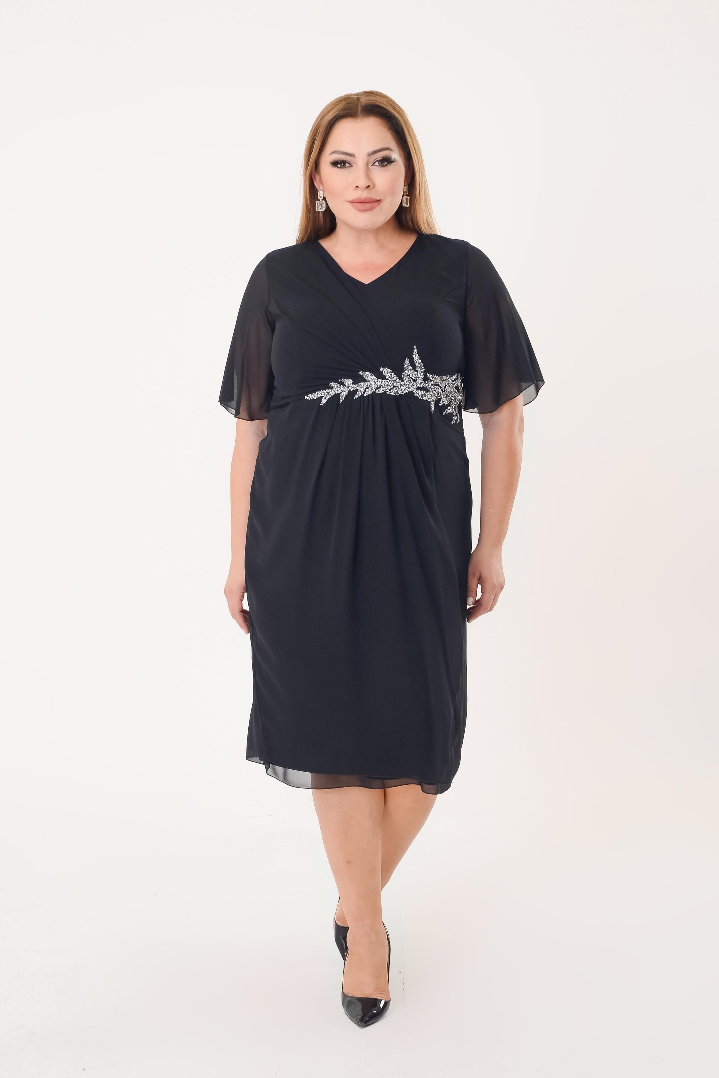 2438 Büyük Beden Beli Taşlı Vyaka Kısa Şifon Elbise