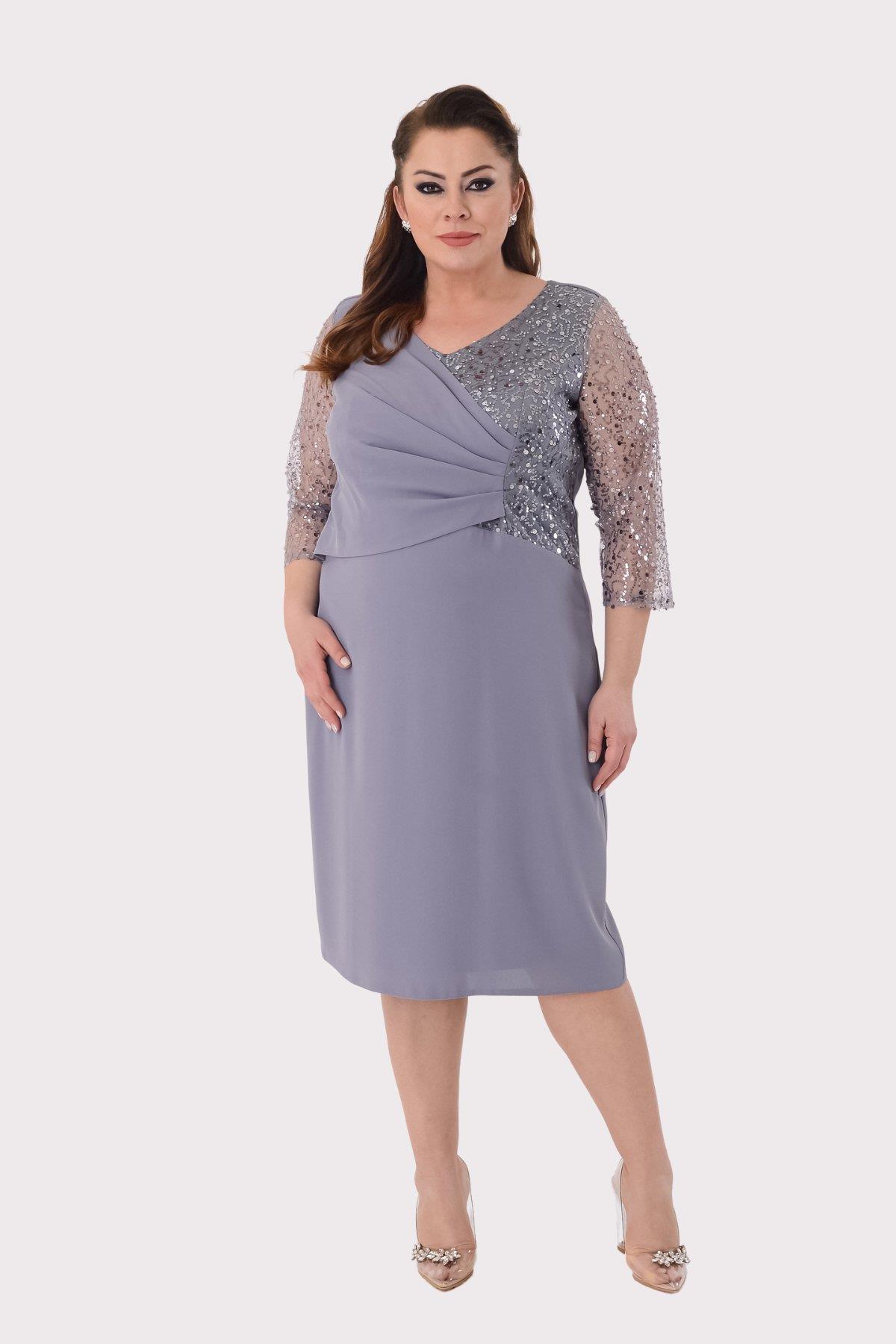 2457 Büyük Beden Pulpayet Drapeli Tül Kol Kısa Krep Elbise