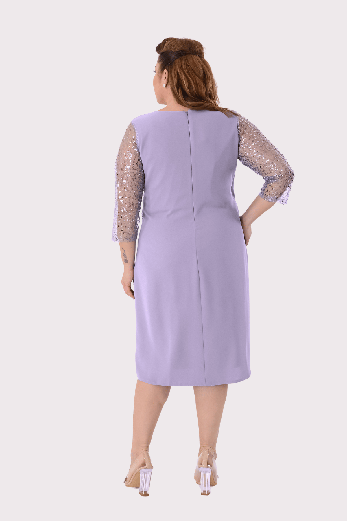 2457 Büyük Beden Pulpayet Drapeli Tül Kol Kısa Krep Elbise