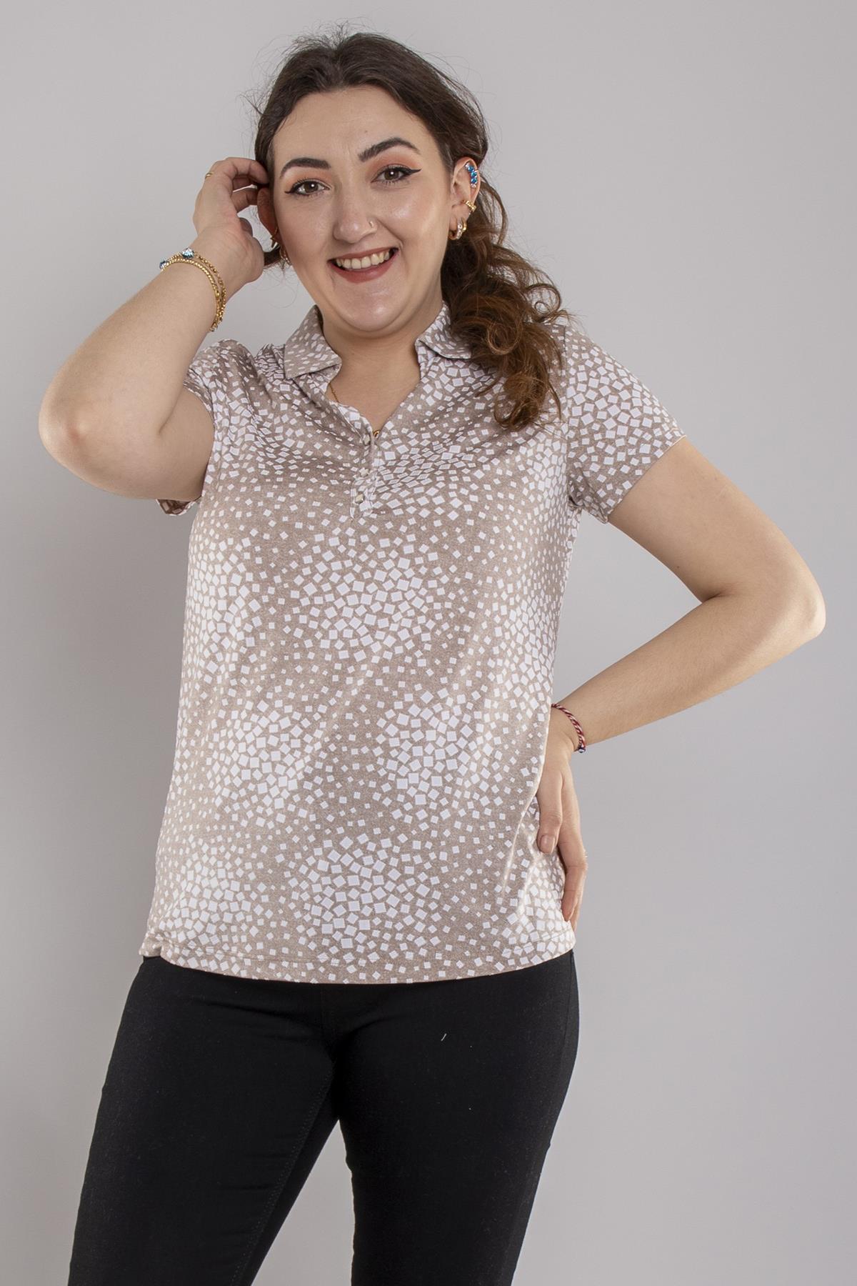 24E026 Polo Yaka Düğmeli Baskılı Kısa Kol Bluz