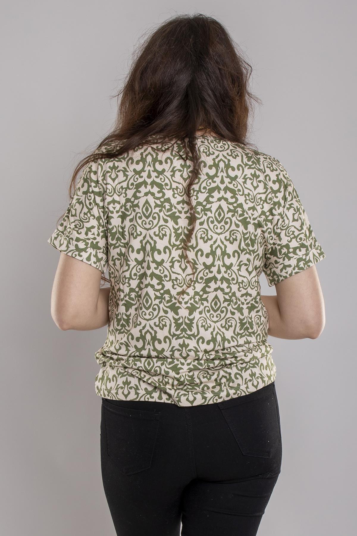 24E027 Bisiklet Yaka Etnik Desen Viscon Kısa Kol Bluz