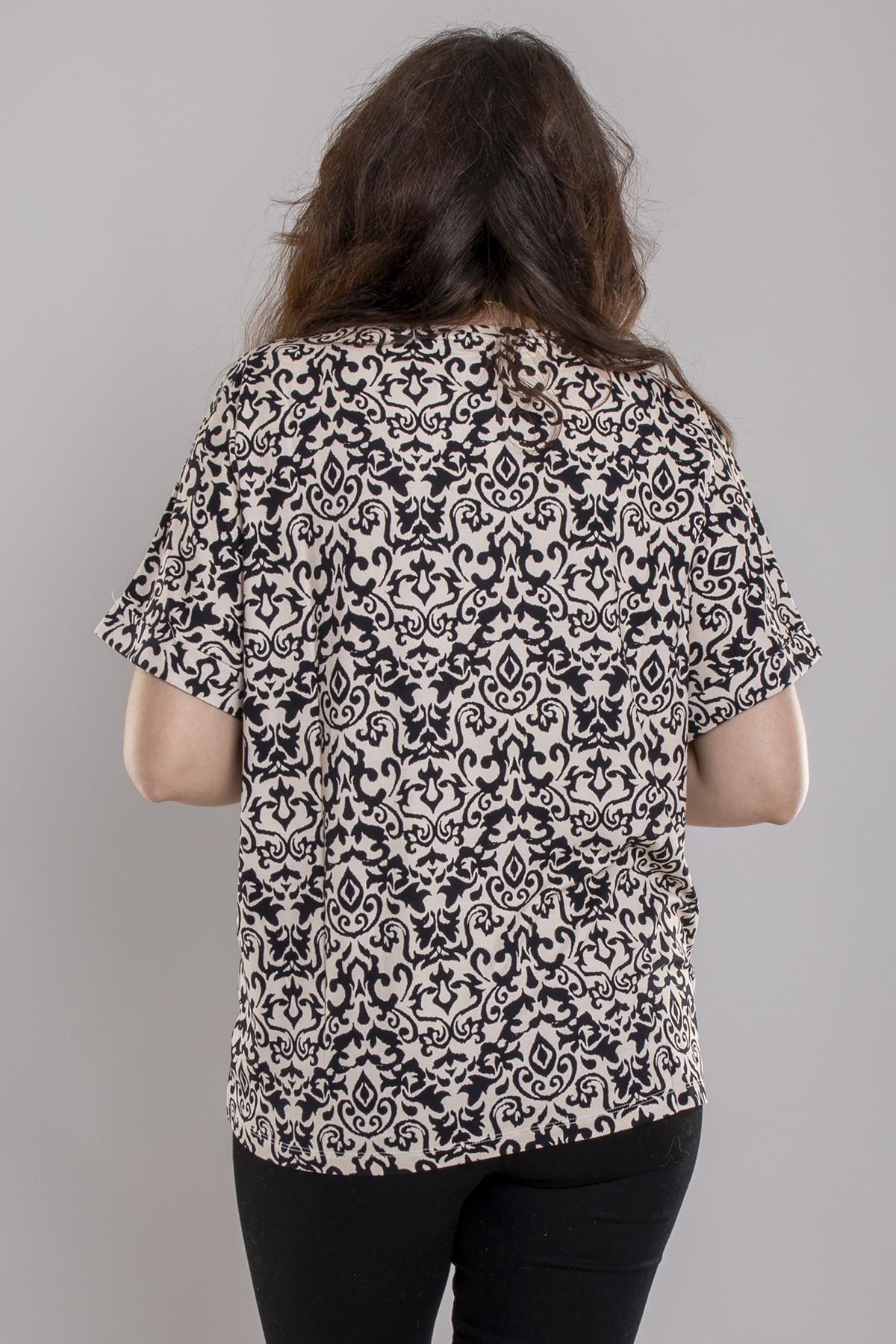 24E027 Bisiklet Yaka Etnik Desen Viscon Kısa Kol Bluz
