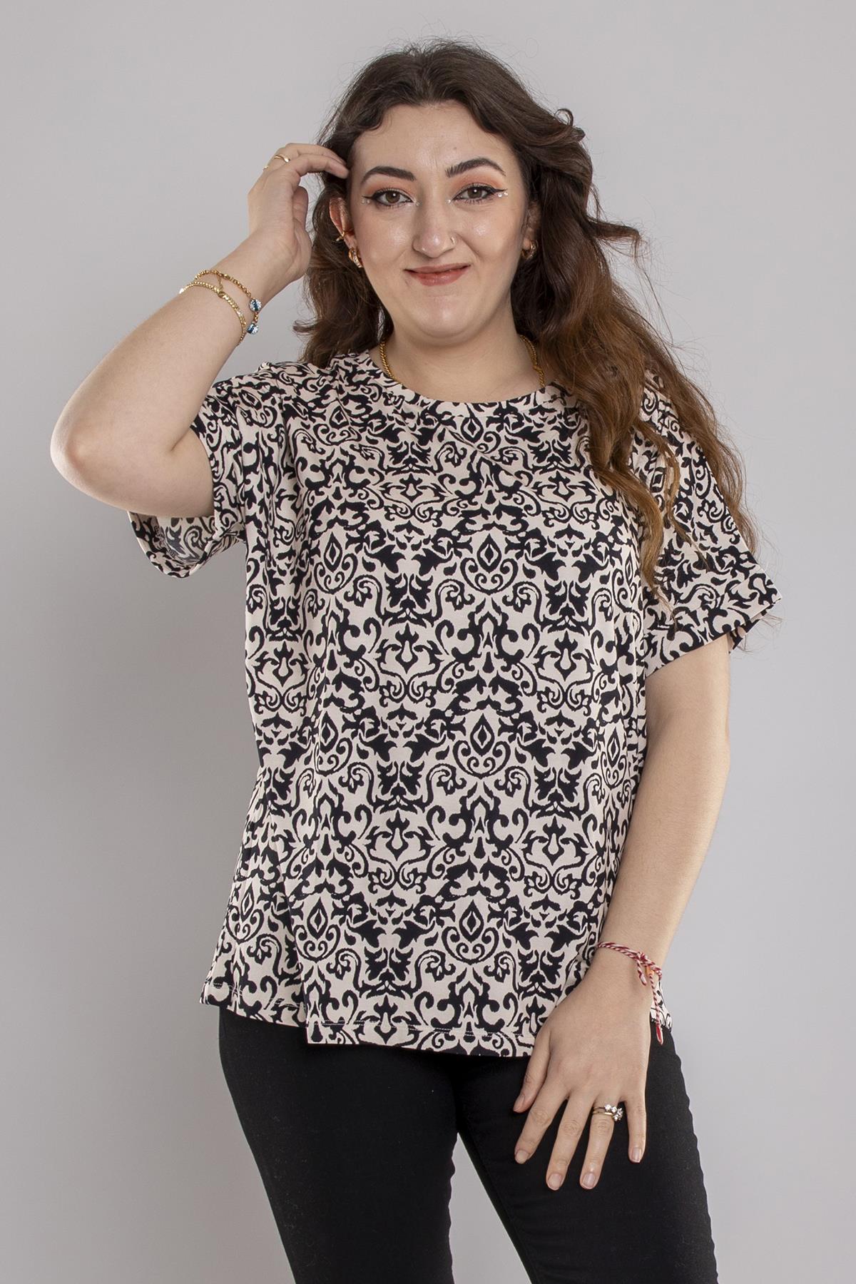 24E027 Bisiklet Yaka Etnik Desen Viscon Kısa Kol Bluz