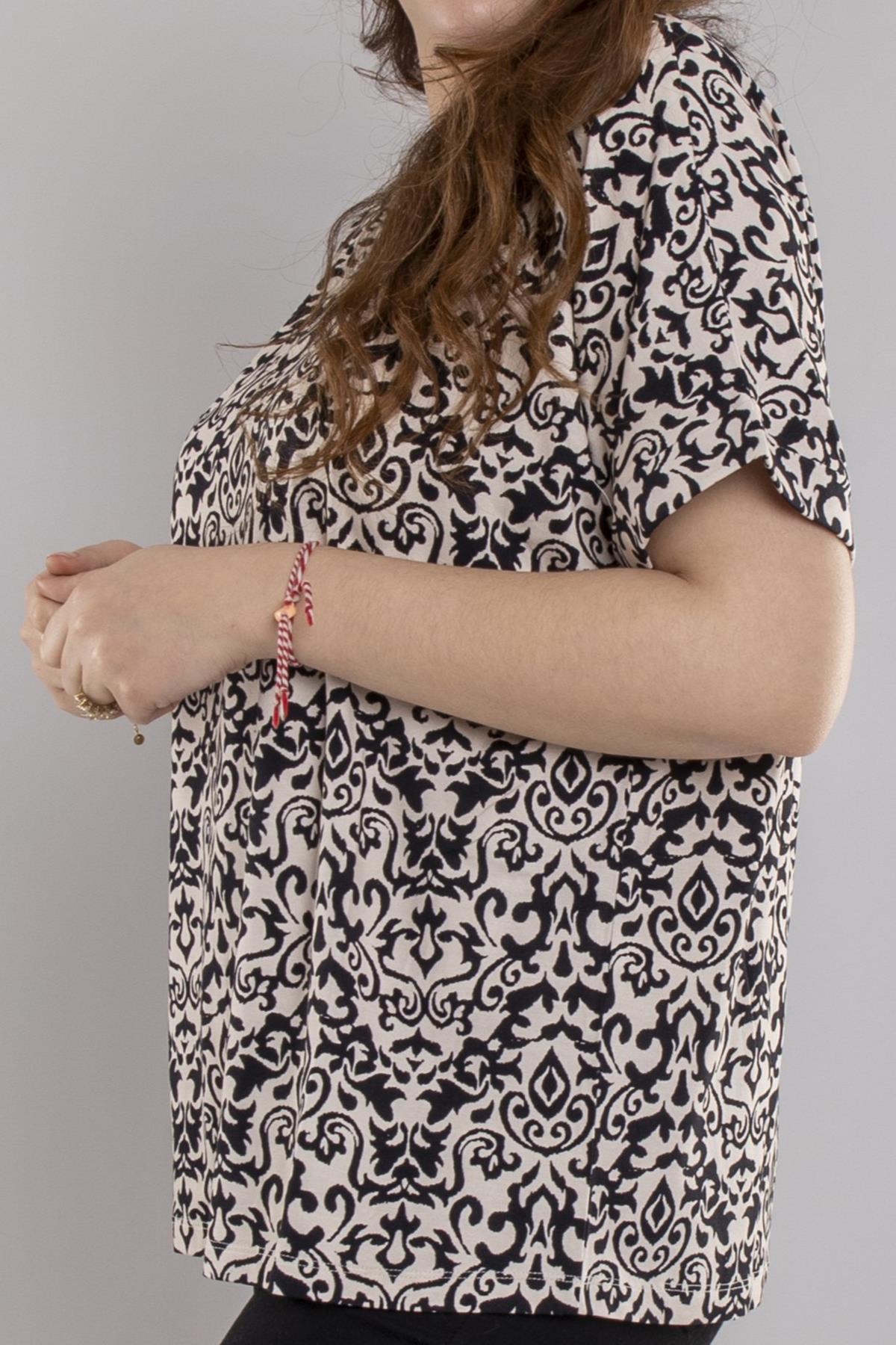 24E027 Bisiklet Yaka Etnik Desen Viscon Kısa Kol Bluz