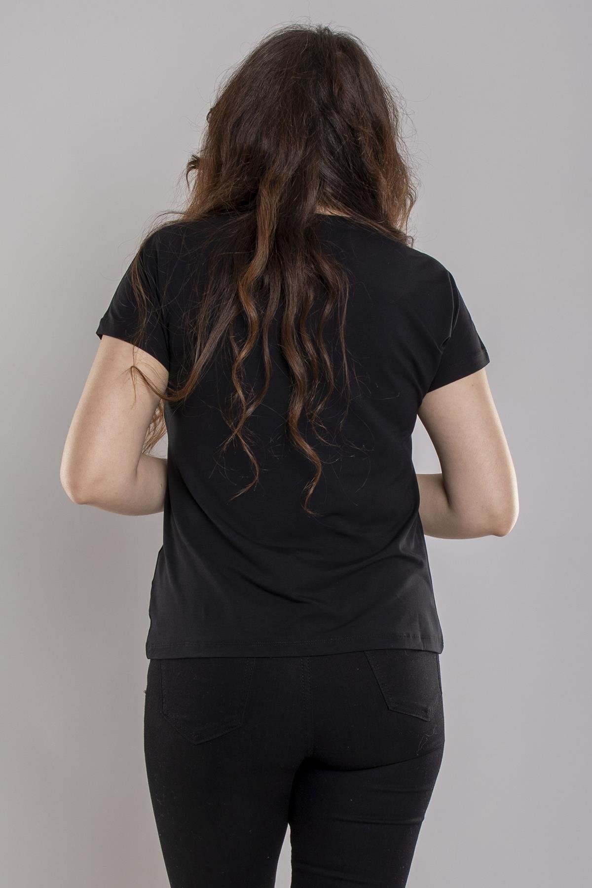 24E044 Tek Omuz Taşlı Çiçek Baskı Kısa Kol Bluz