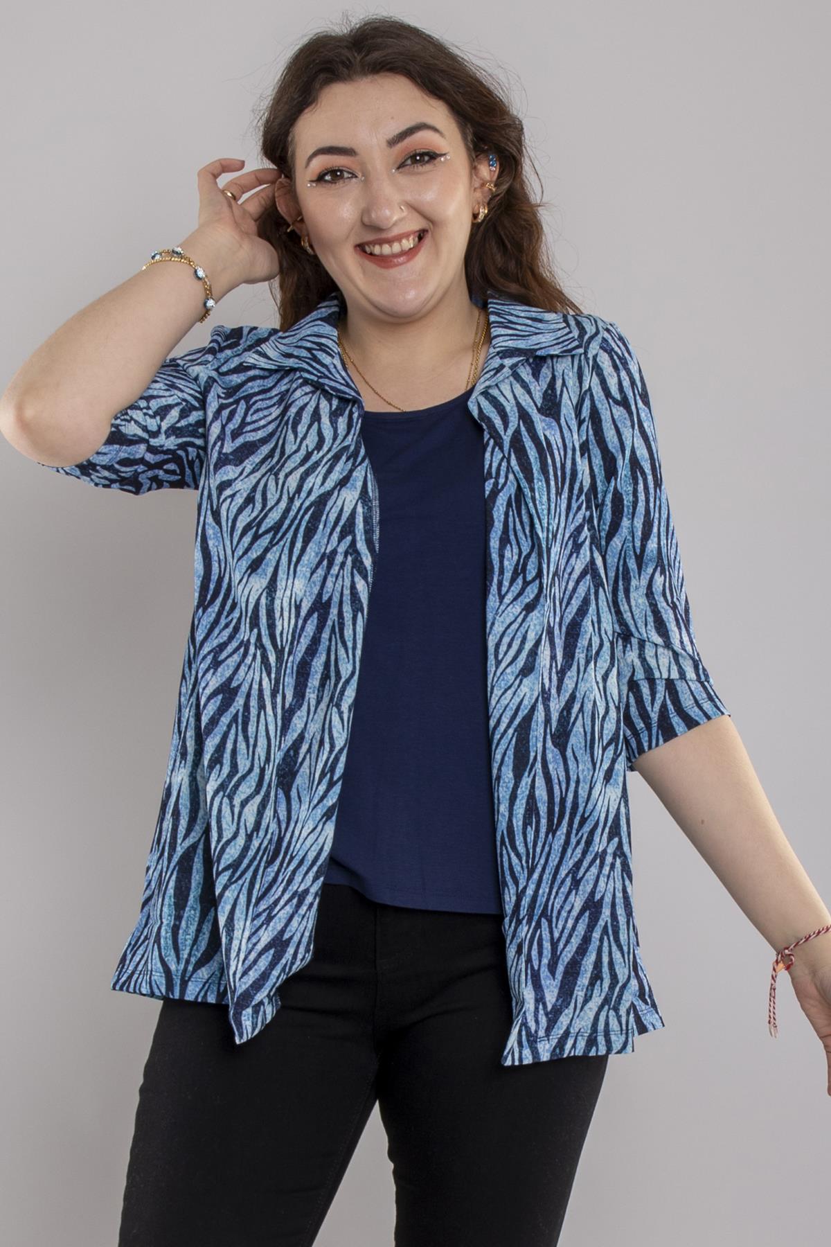 24E051 Atlet Detay Desenli Ceketli Kısa Kol Viscon Bluz