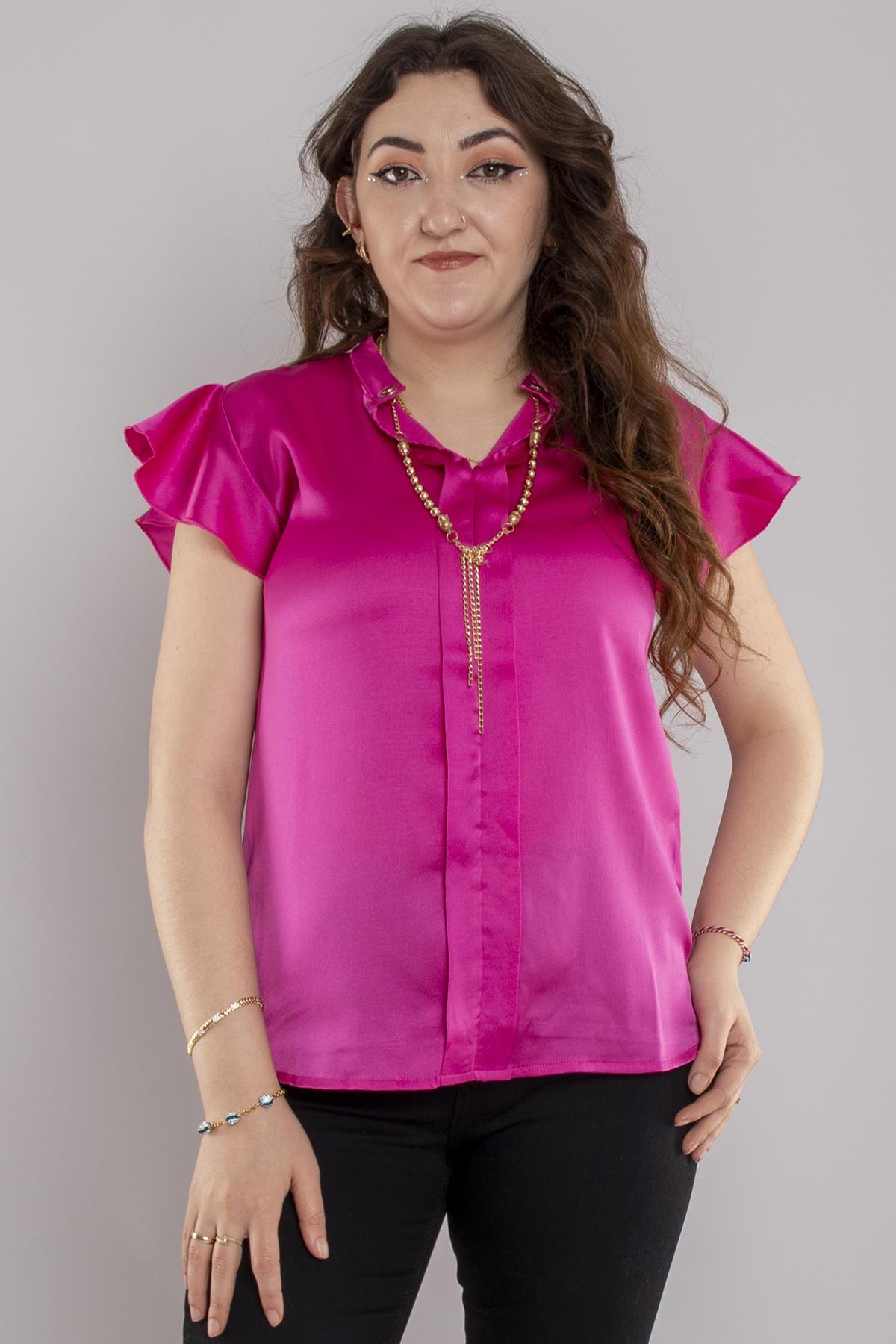 24E053 Yakasız Zincir Kolyeli Saten Fırfırlı Kısa Kol Bluz