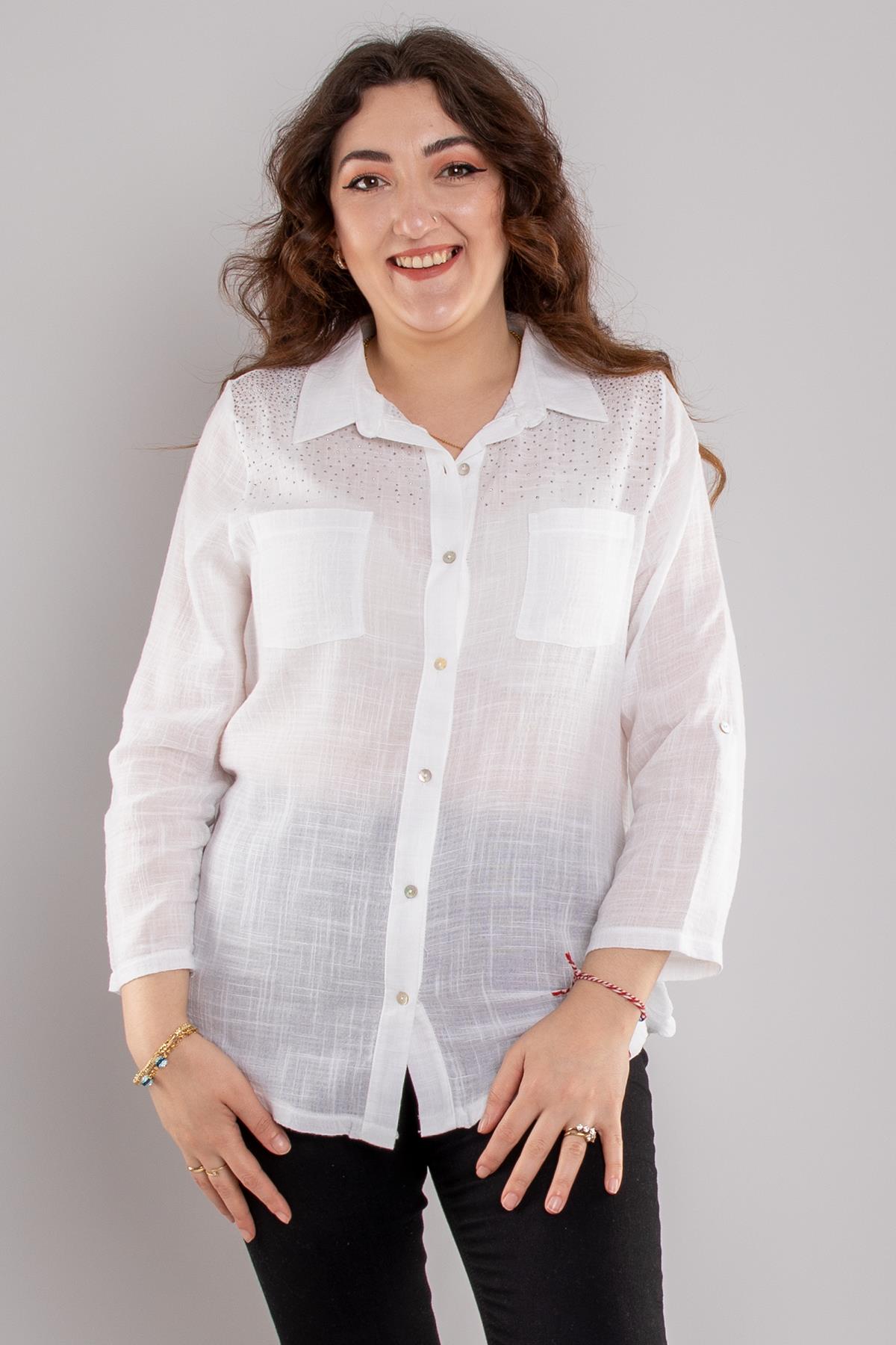 24E054 Omuz Serpme Taş Cepli Pamuklu Gömlek