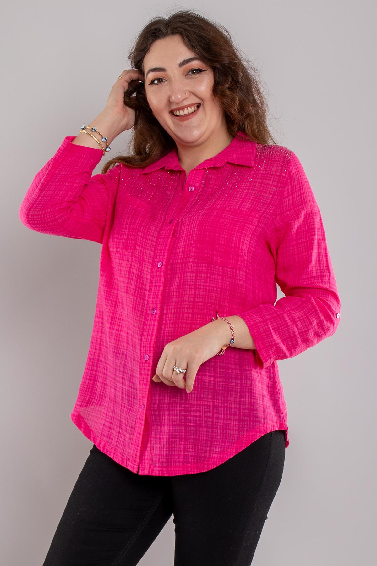 24E054 Omuz Serpme Taş Cepli Pamuklu Gömlek