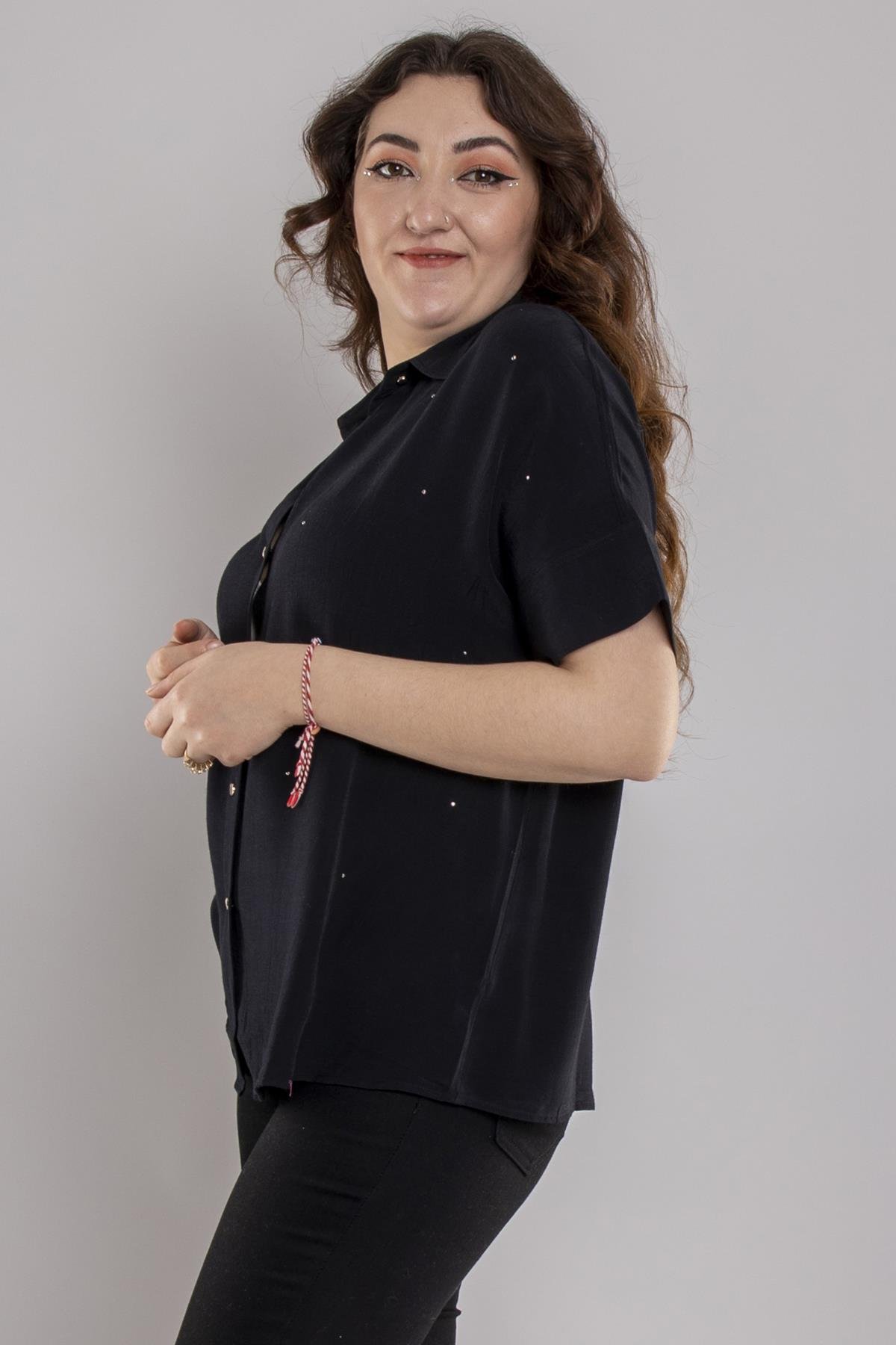 24E065 Düğmeli Düşük Kol Taşlı Viscon Gömlek