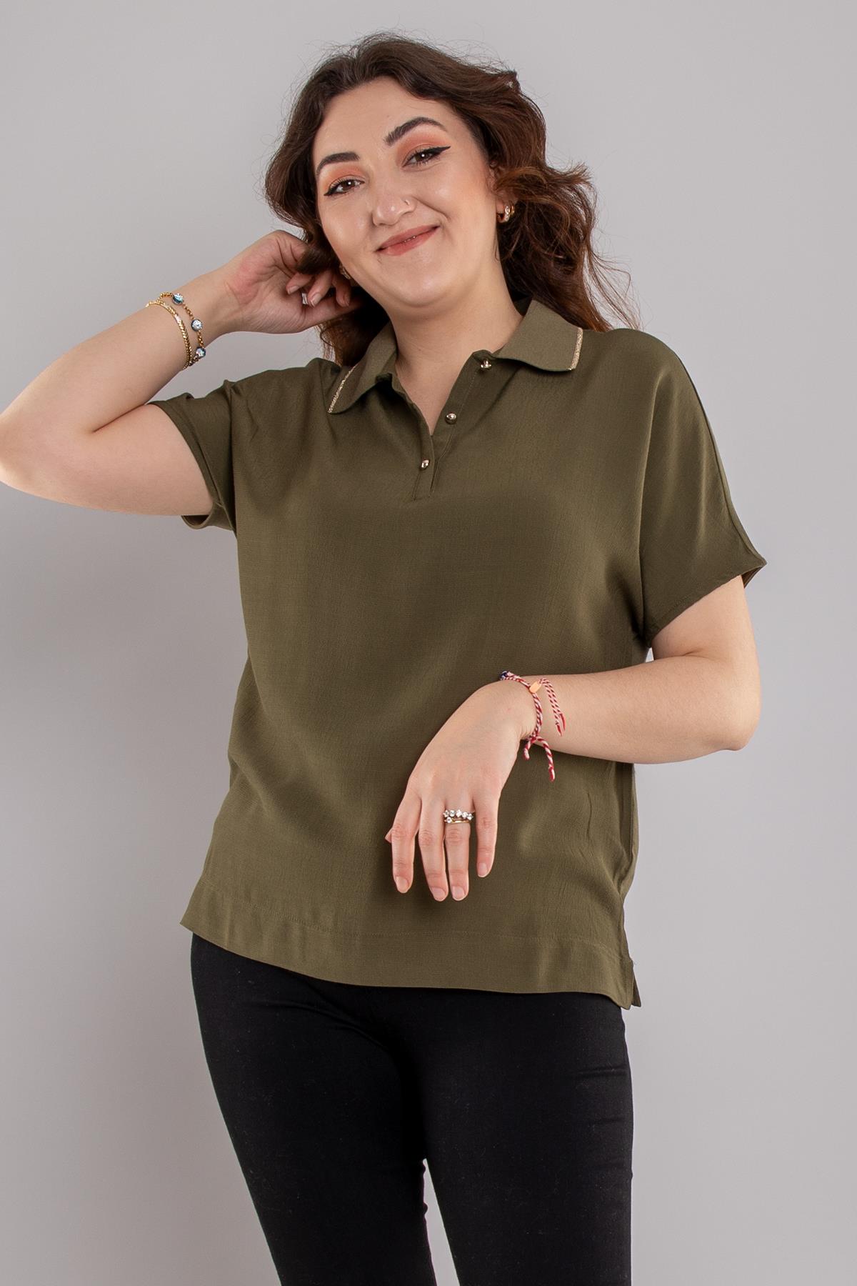 24E082 Polo Yaka Düğmeli Kısa Kol Viscon Bluz
