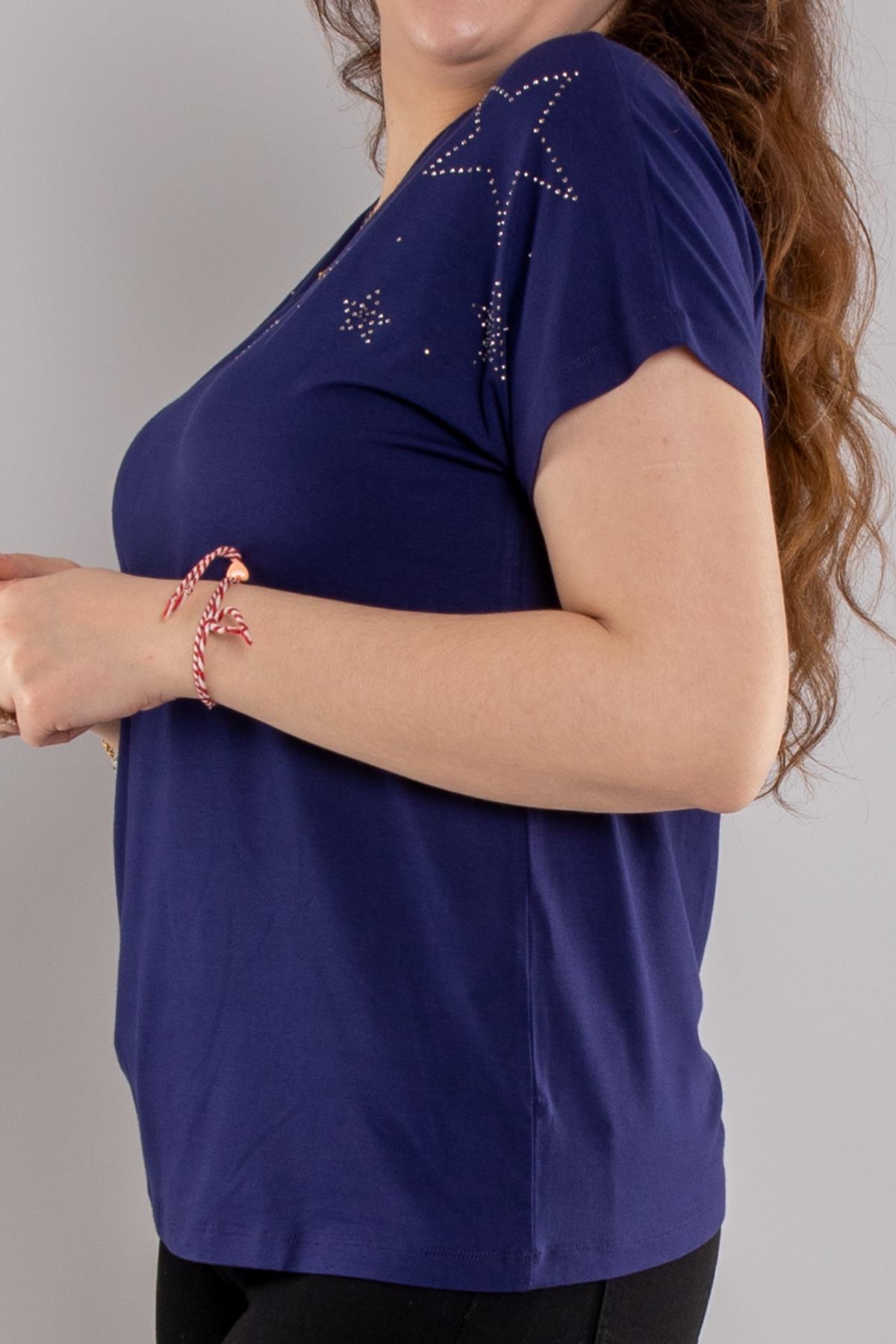 24E105 Yıldız Taş Baskılı Kısa Kol Viscon Bluz