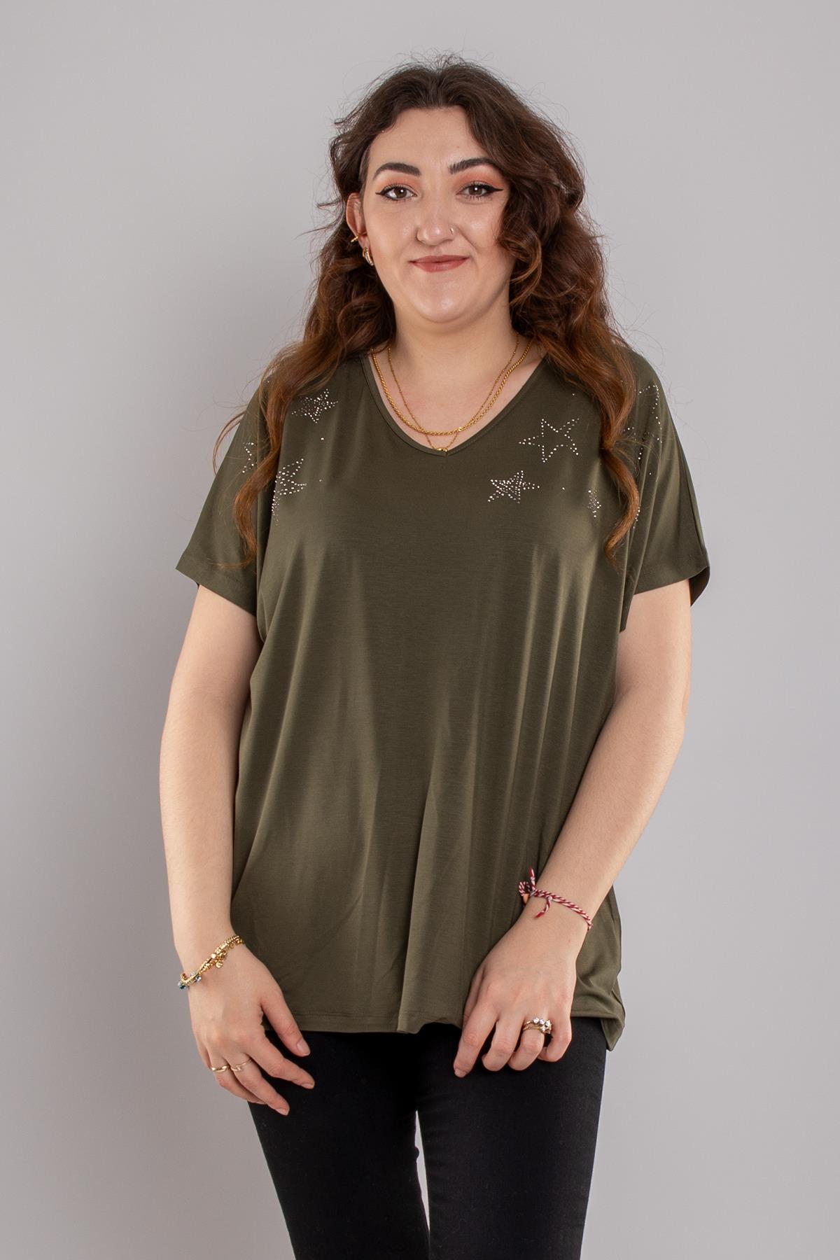 24E105 Yıldız Taş Baskılı Kısa Kol Viscon Bluz