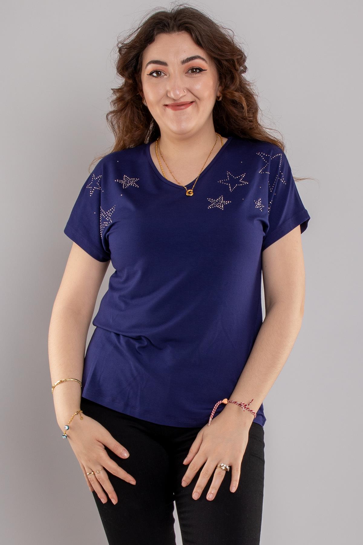 24E105 Yıldız Taş Baskılı Kısa Kol Viscon Bluz