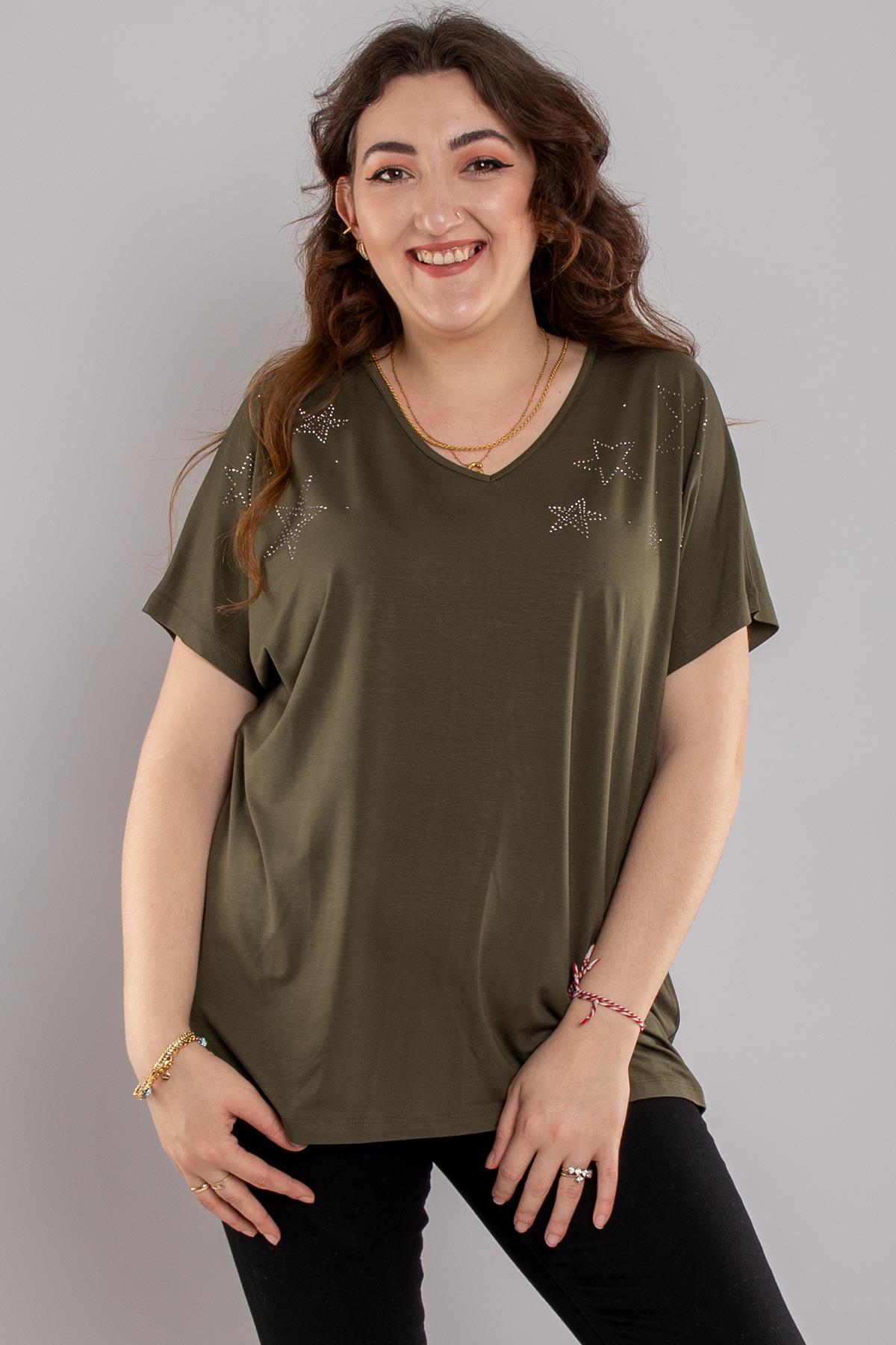 24E105 Yıldız Taş Baskılı Kısa Kol Viscon Bluz