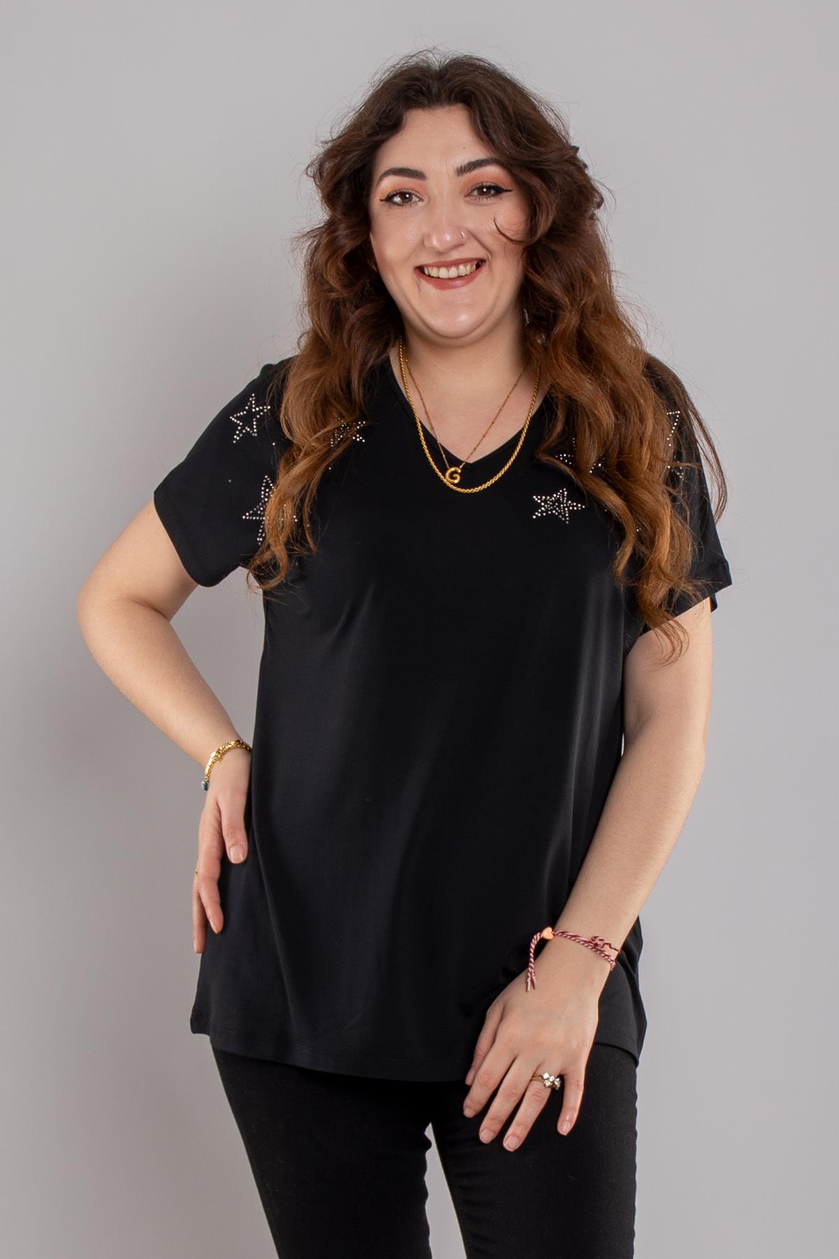 24E105 Yıldız Taş Baskılı Kısa Kol Viscon Bluz