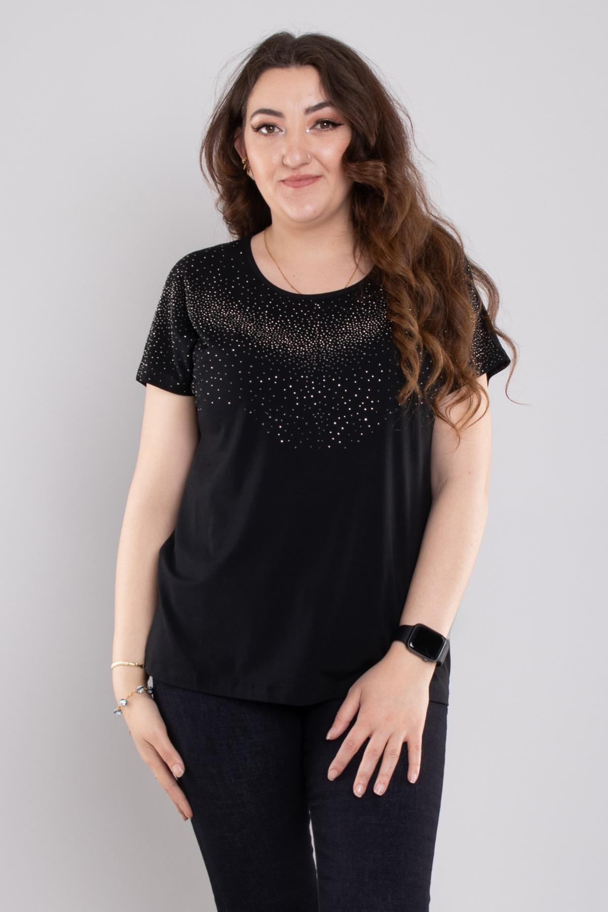 24E116 Serpme Taşlı Bisiklet Yaka Kısa Kol Bluz