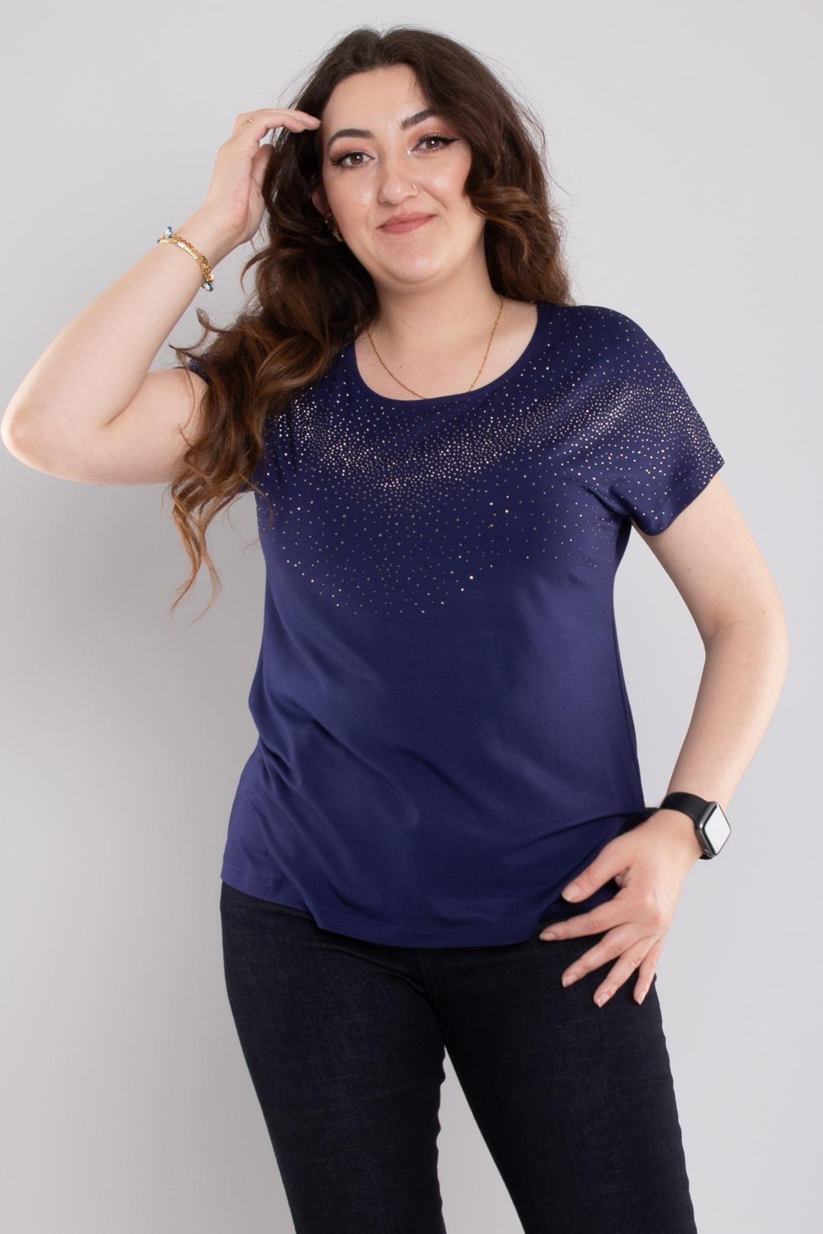 24E116 Serpme Taşlı Bisiklet Yaka Kısa Kol Bluz