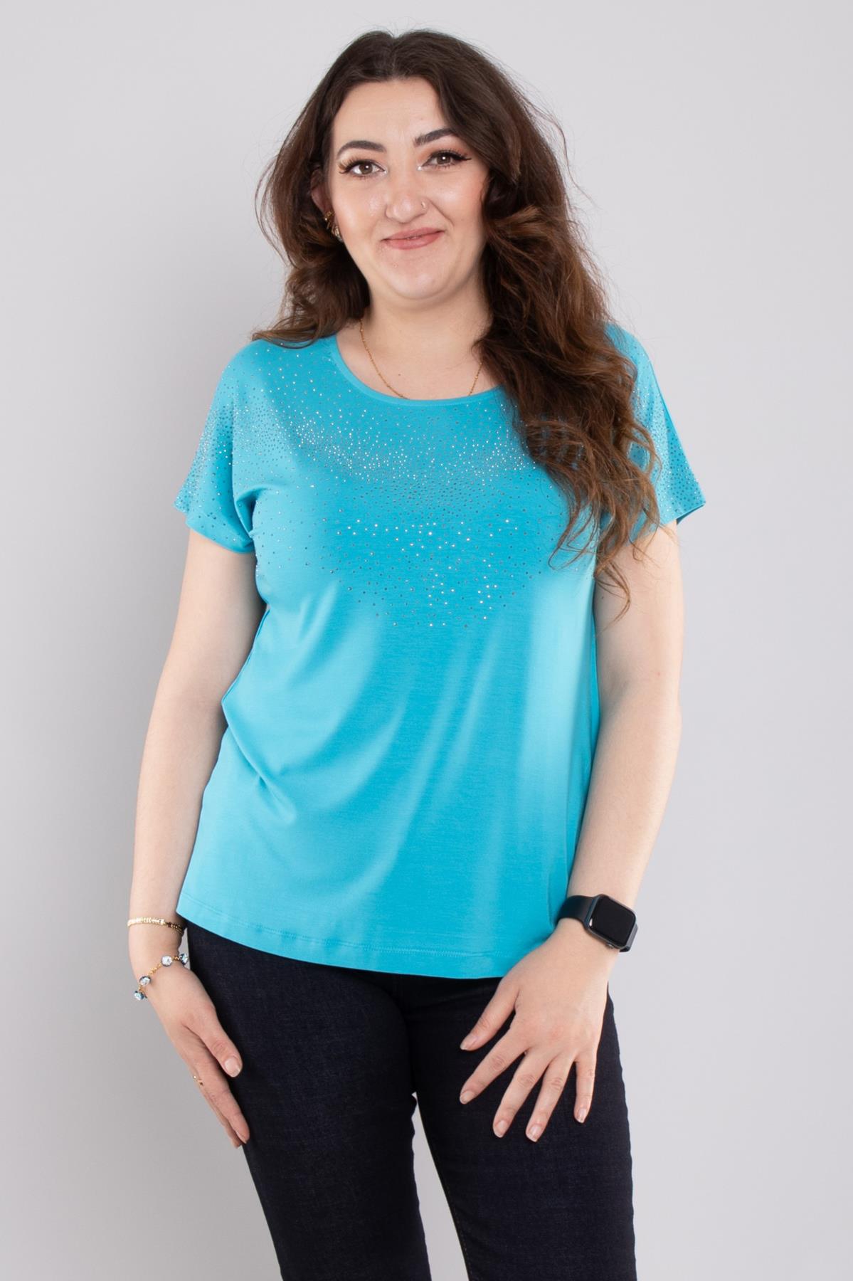 24E116 Serpme Taşlı Bisiklet Yaka Kısa Kol Bluz