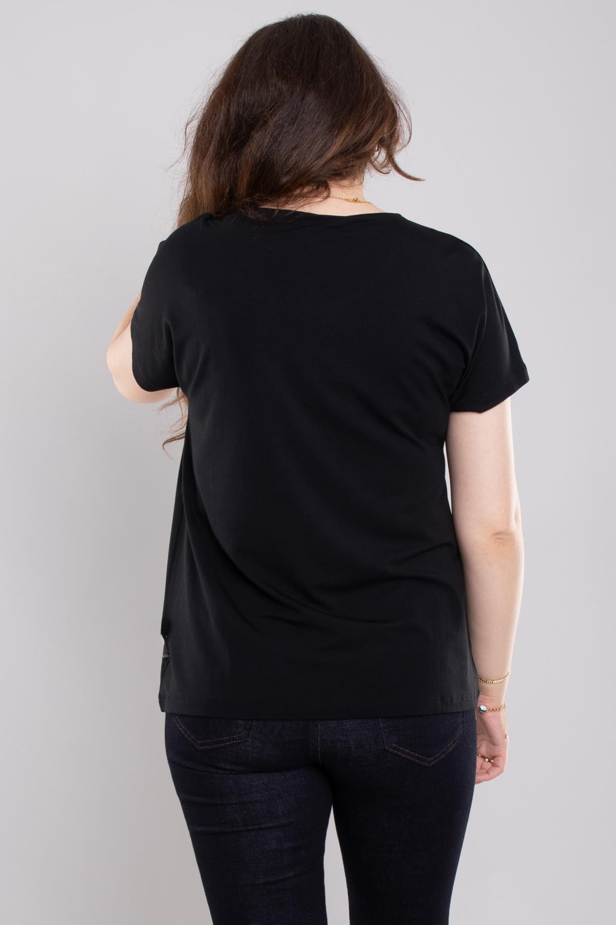 24E116 Serpme Taşlı Bisiklet Yaka Kısa Kol Bluz