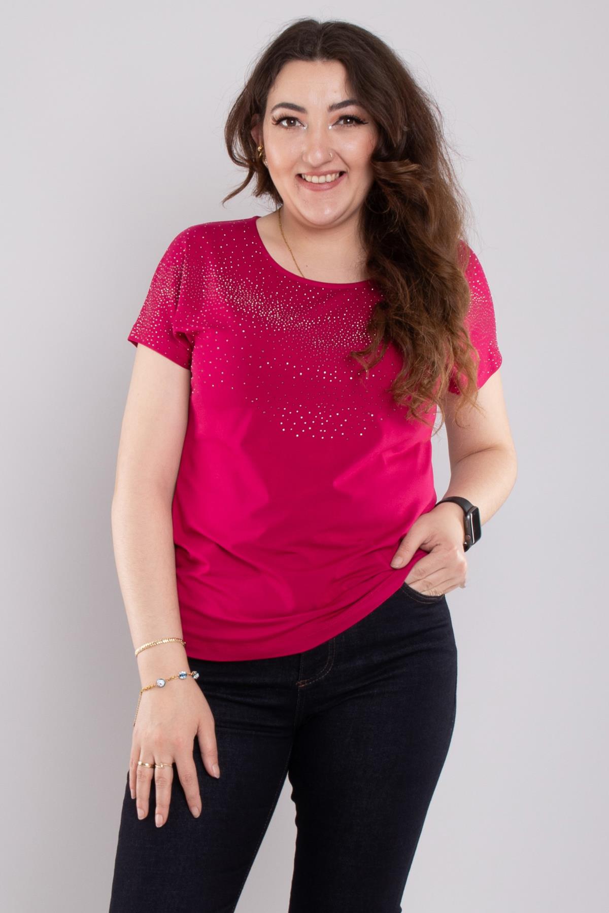 24E116 Serpme Taşlı Bisiklet Yaka Kısa Kol Bluz