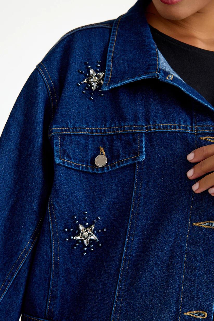 24KC58 Taş Detay Belden Bağlamalı Kot Ceket