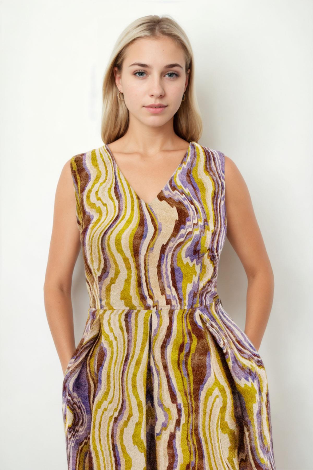 25-505 Sıfır Kol Piliseli Kuşaklı Ön Arka Vyaka Desenli Kısa Elbise