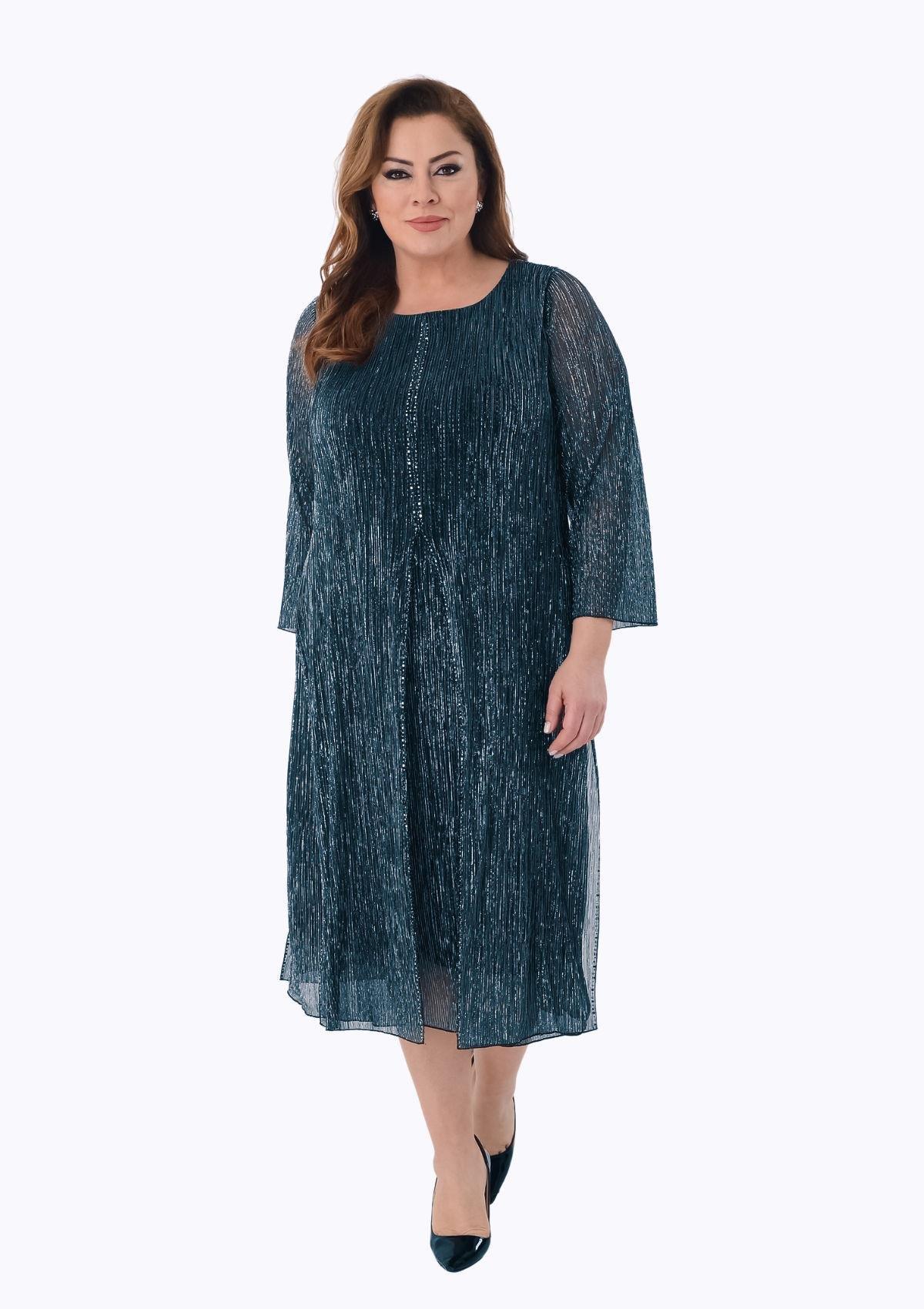 2525 Büyük Beden Jakarlı Pliseli Taş Detay Midiboy Elbise