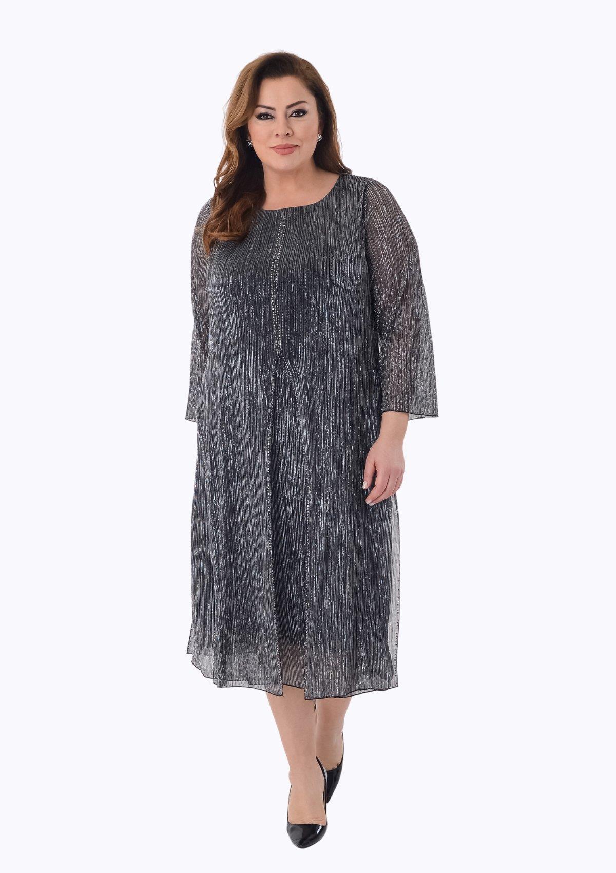 2525 Büyük Beden Jakarlı Pliseli Taş Detay Midiboy Elbise
