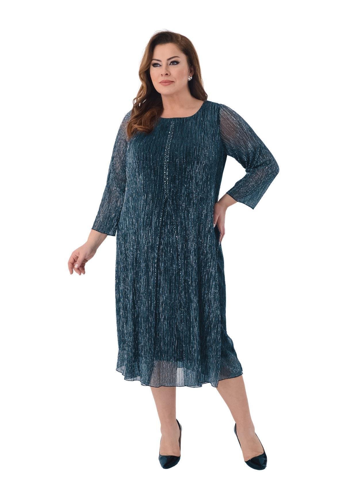 2525 Büyük Beden Jakarlı Pliseli Taş Detay Midiboy Elbise