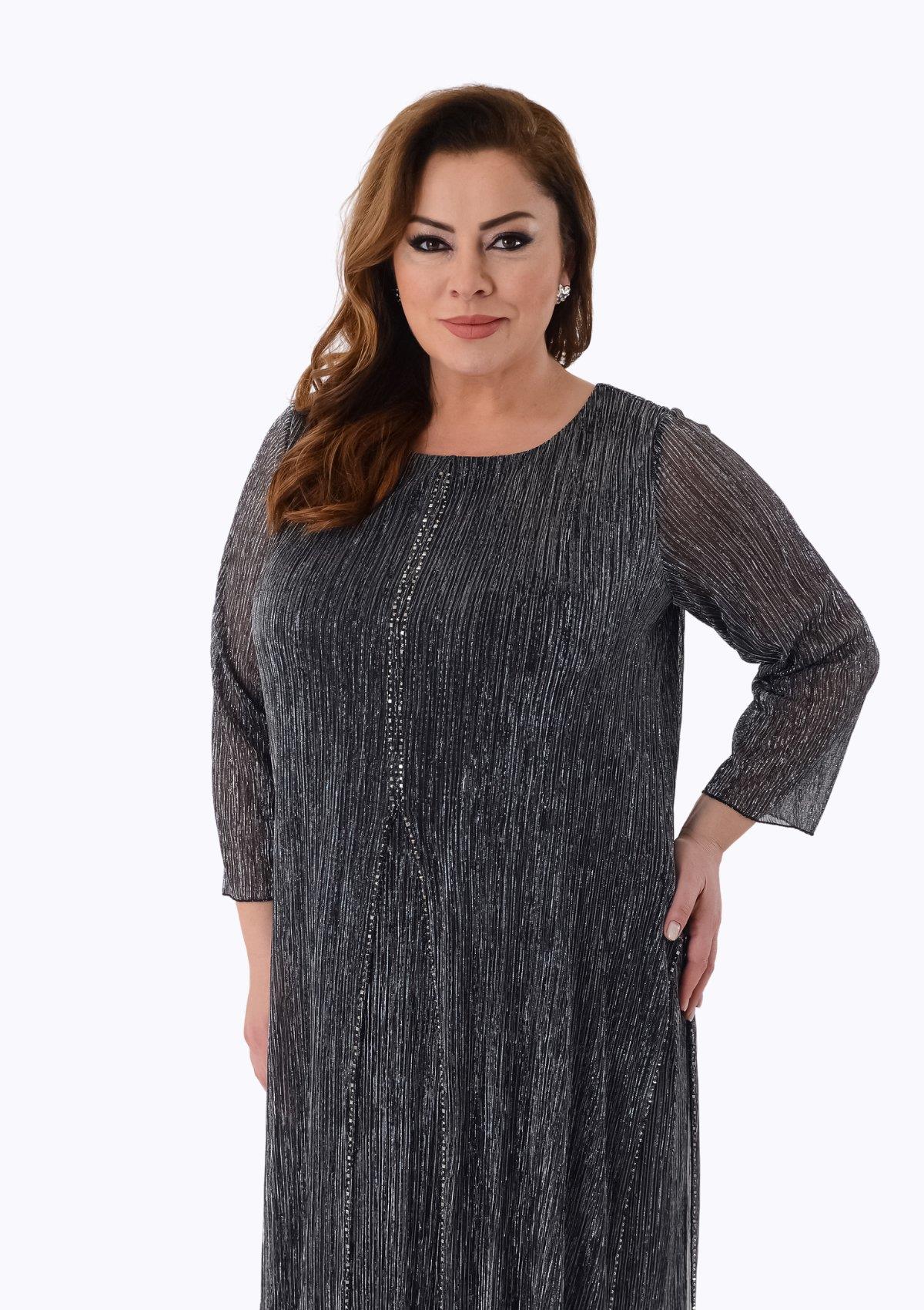 2525 Büyük Beden Jakarlı Pliseli Taş Detay Midiboy Elbise